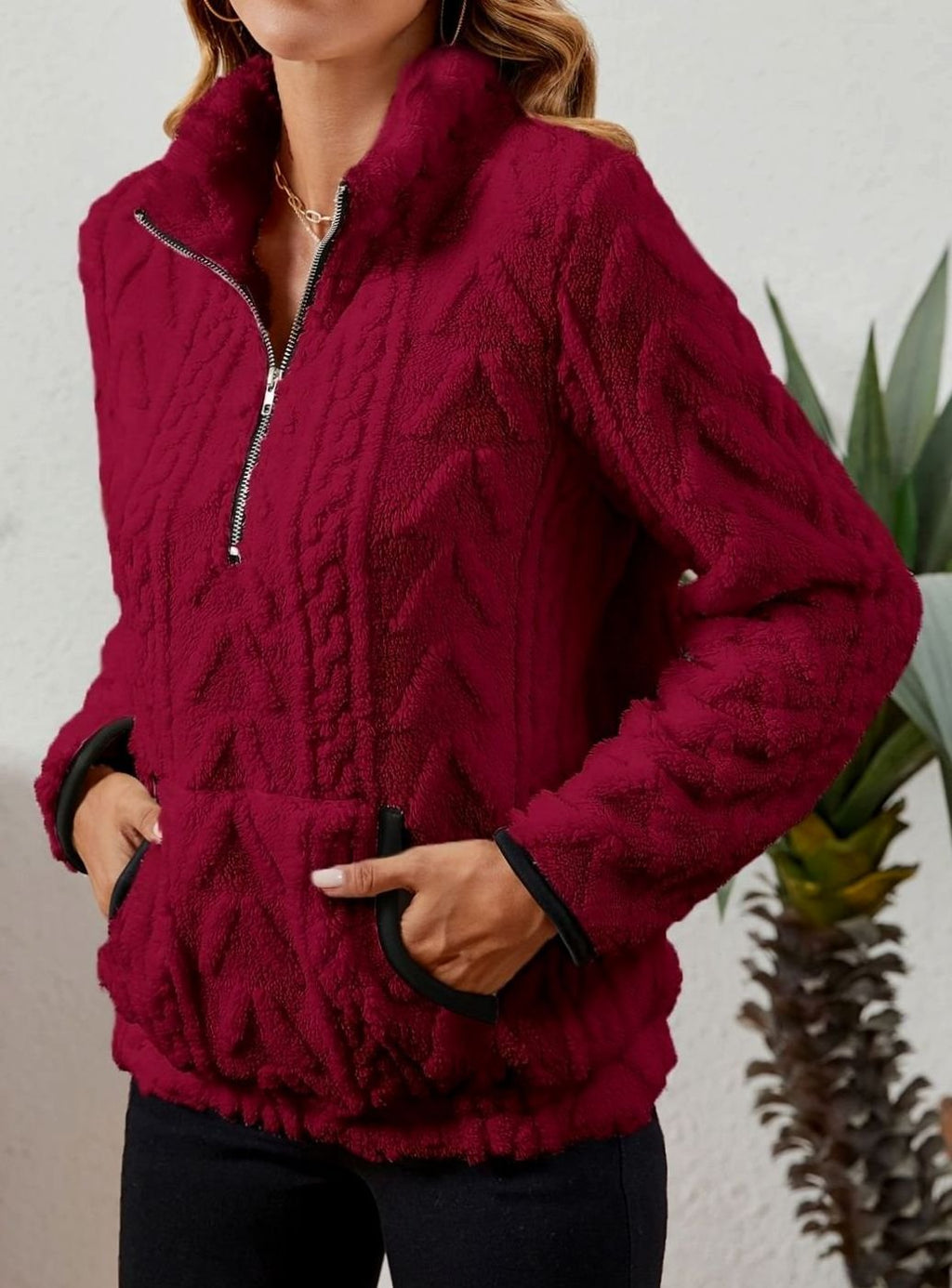 Madison | Pull en polaire pour femmes avec demi-fermeture éclair et poche kangourou