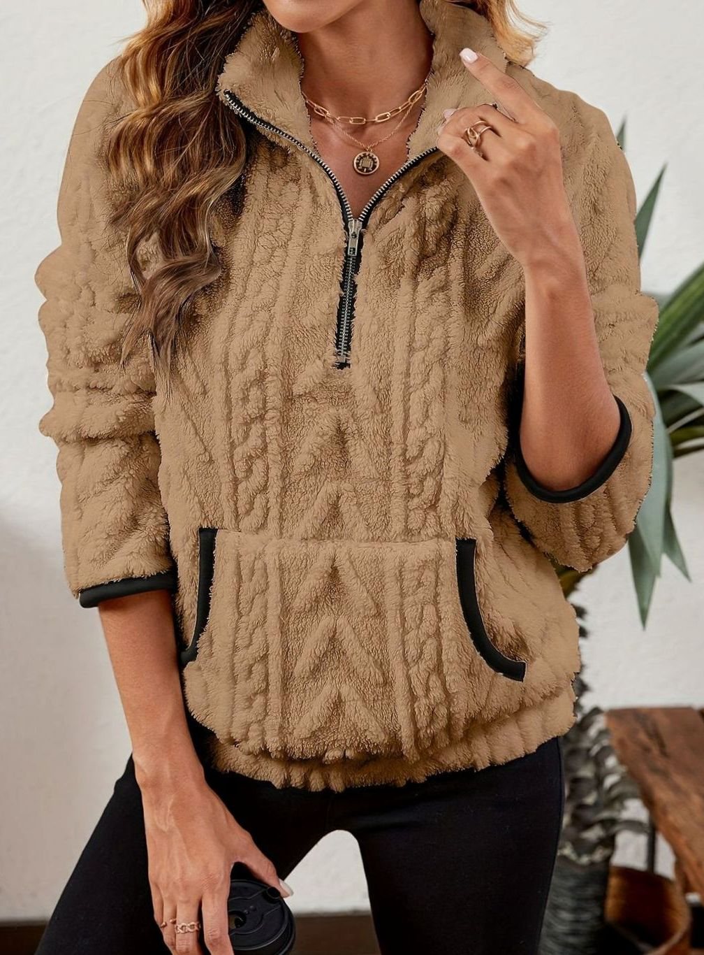 Madison | Pull en polaire pour femmes avec demi-fermeture éclair et poche kangourou