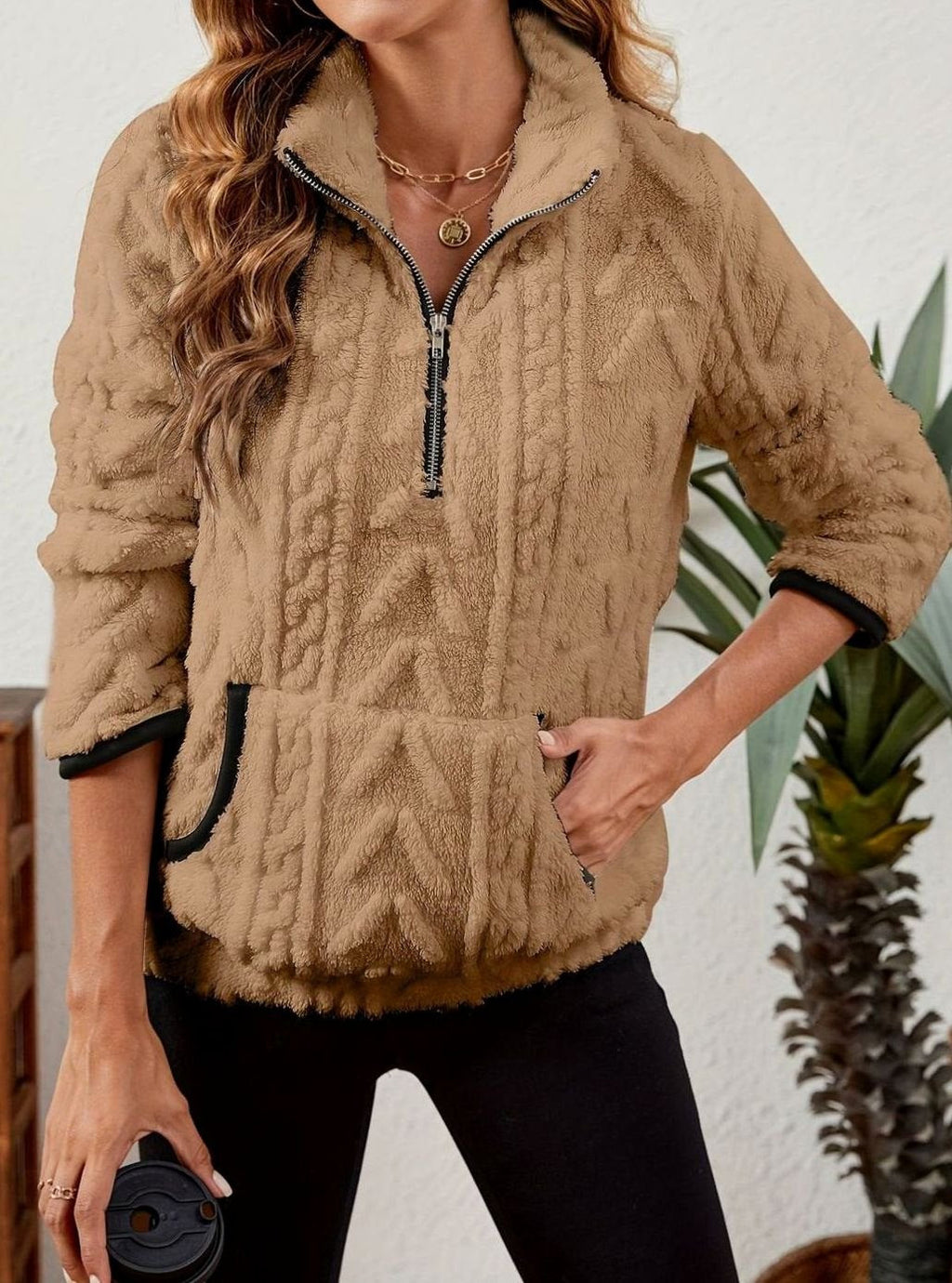 Madison | Pull en polaire pour femmes avec demi-fermeture éclair et poche kangourou