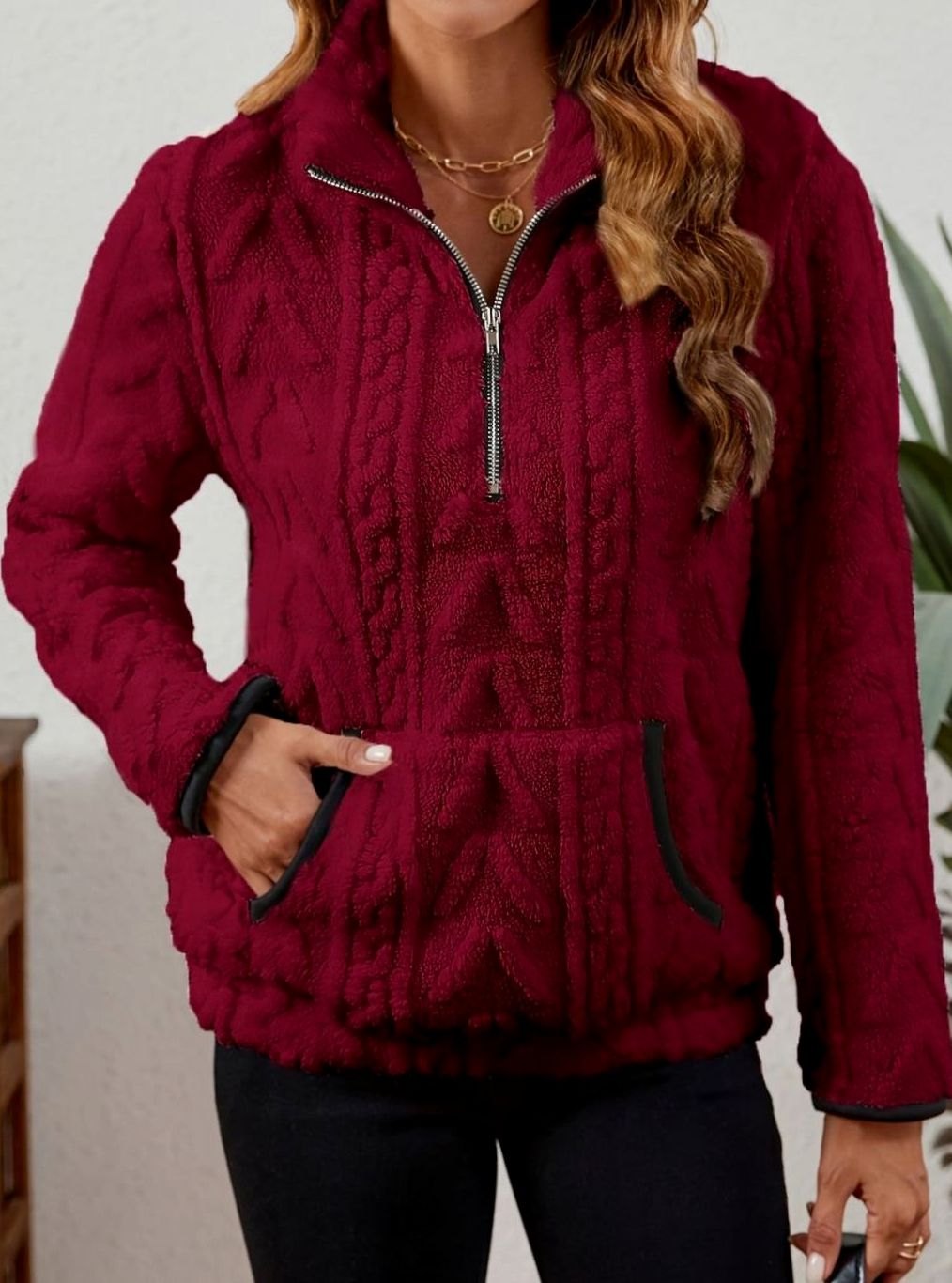 Madison | Pull en polaire pour femmes avec demi-fermeture éclair et poche kangourou