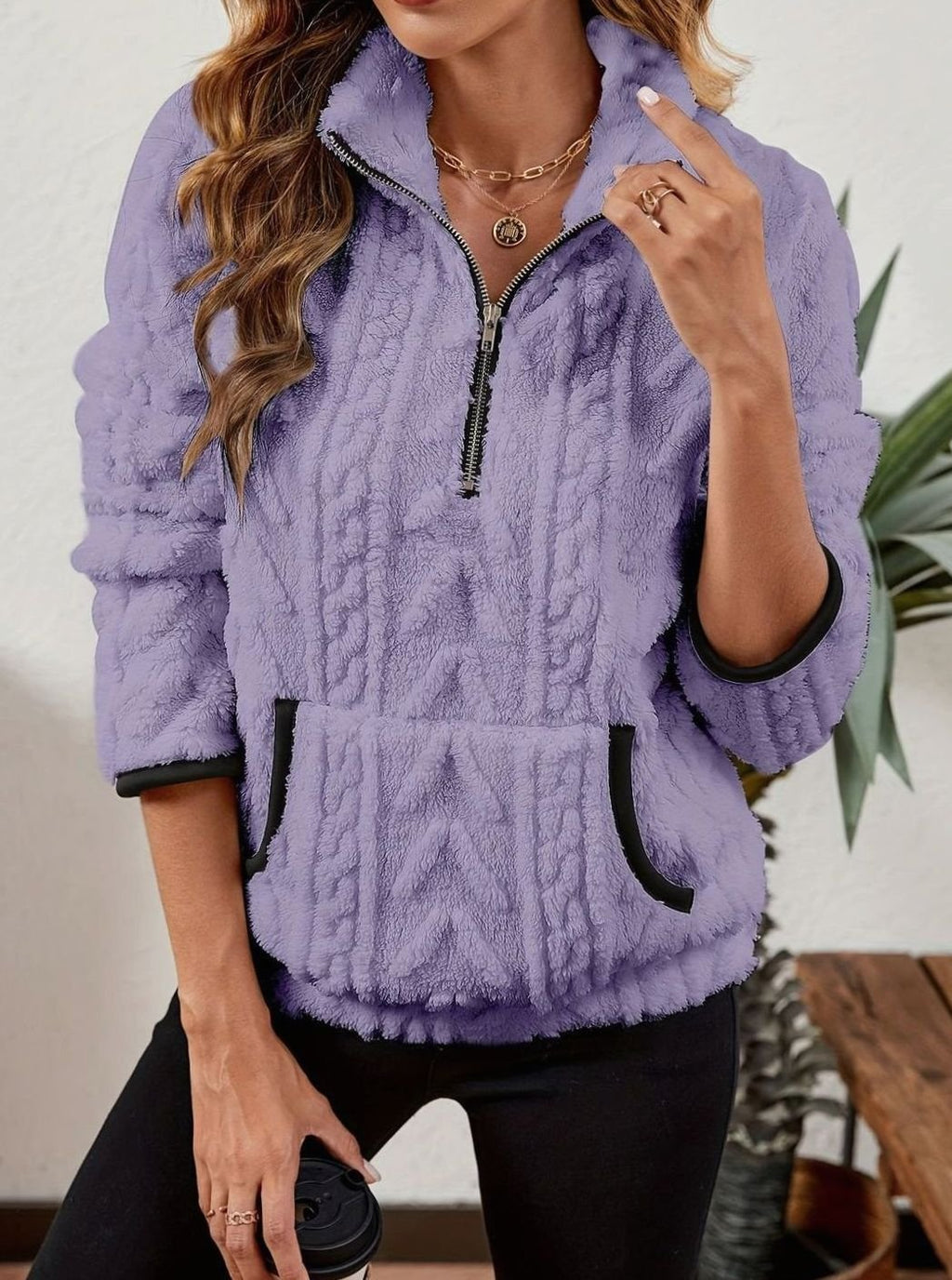 Madison | Pull en polaire pour femmes avec demi-fermeture éclair et poche kangourou