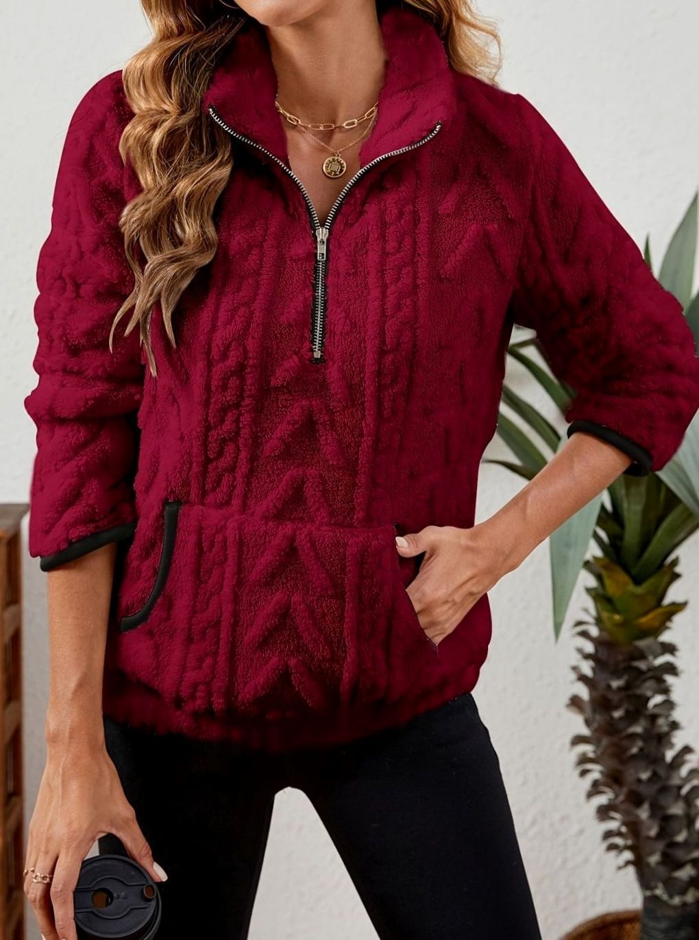 Madison | Pull en polaire pour femmes avec demi-fermeture éclair et poche kangourou