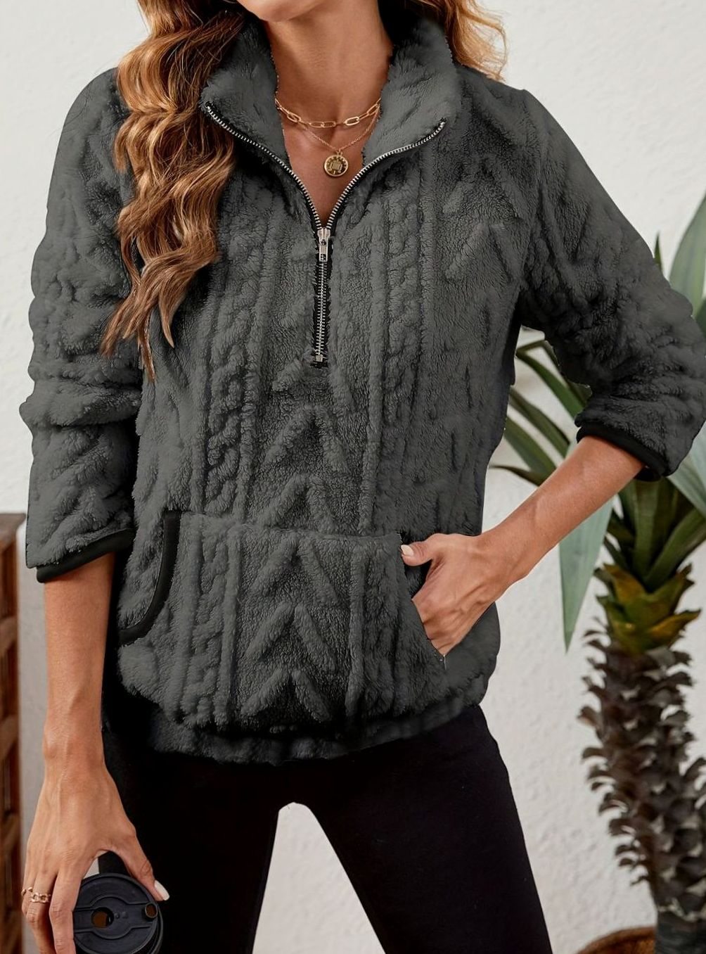 Madison | Pull en polaire pour femmes avec demi-fermeture éclair et poche kangourou