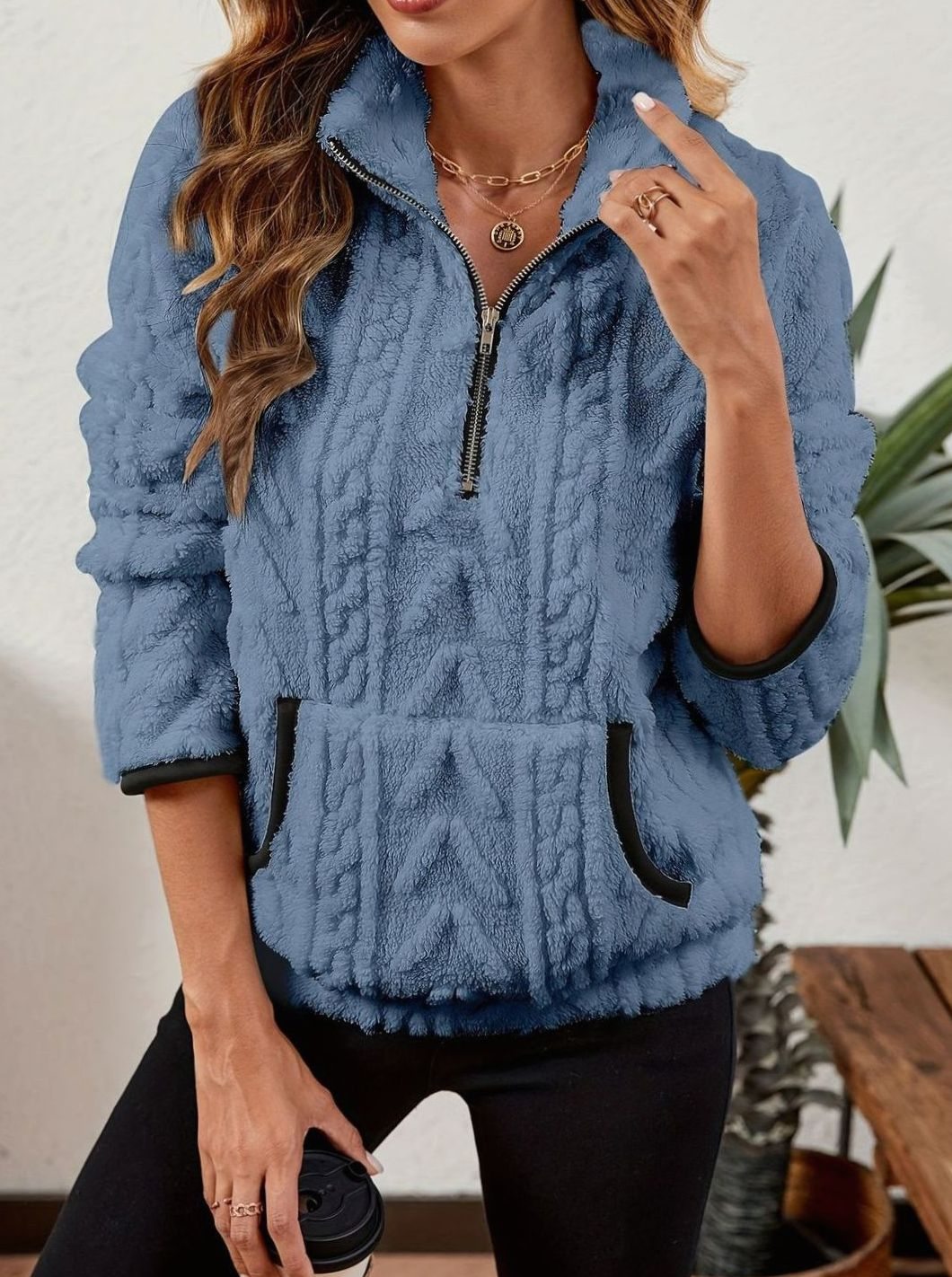 Madison | Pull en polaire pour femmes avec demi-fermeture éclair et poche kangourou
