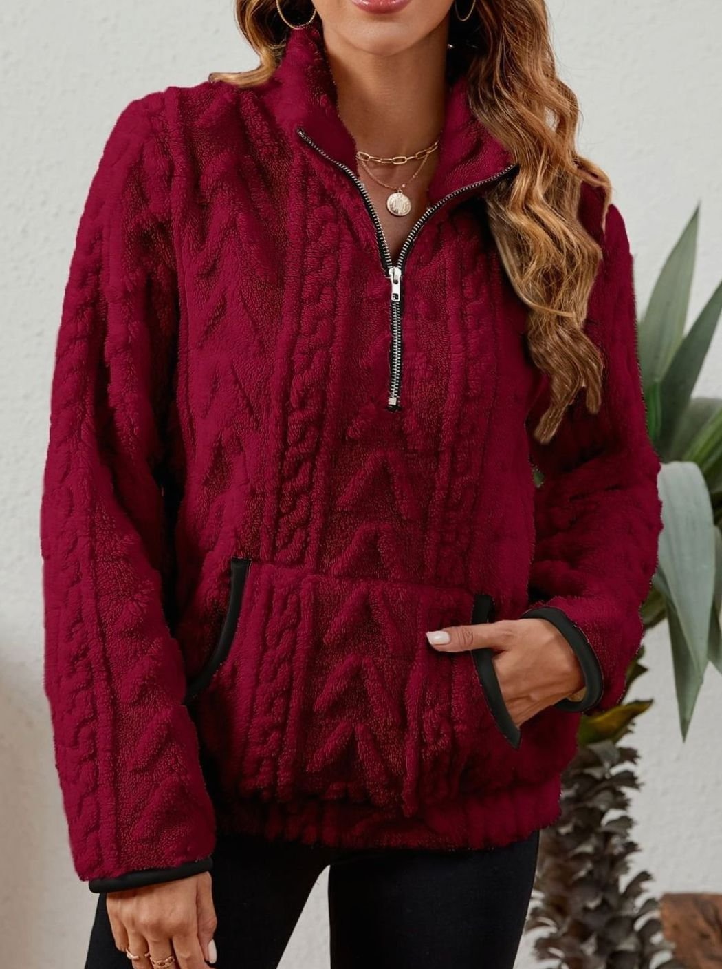 Madison | Pull en polaire pour femmes avec demi-fermeture éclair et poche kangourou