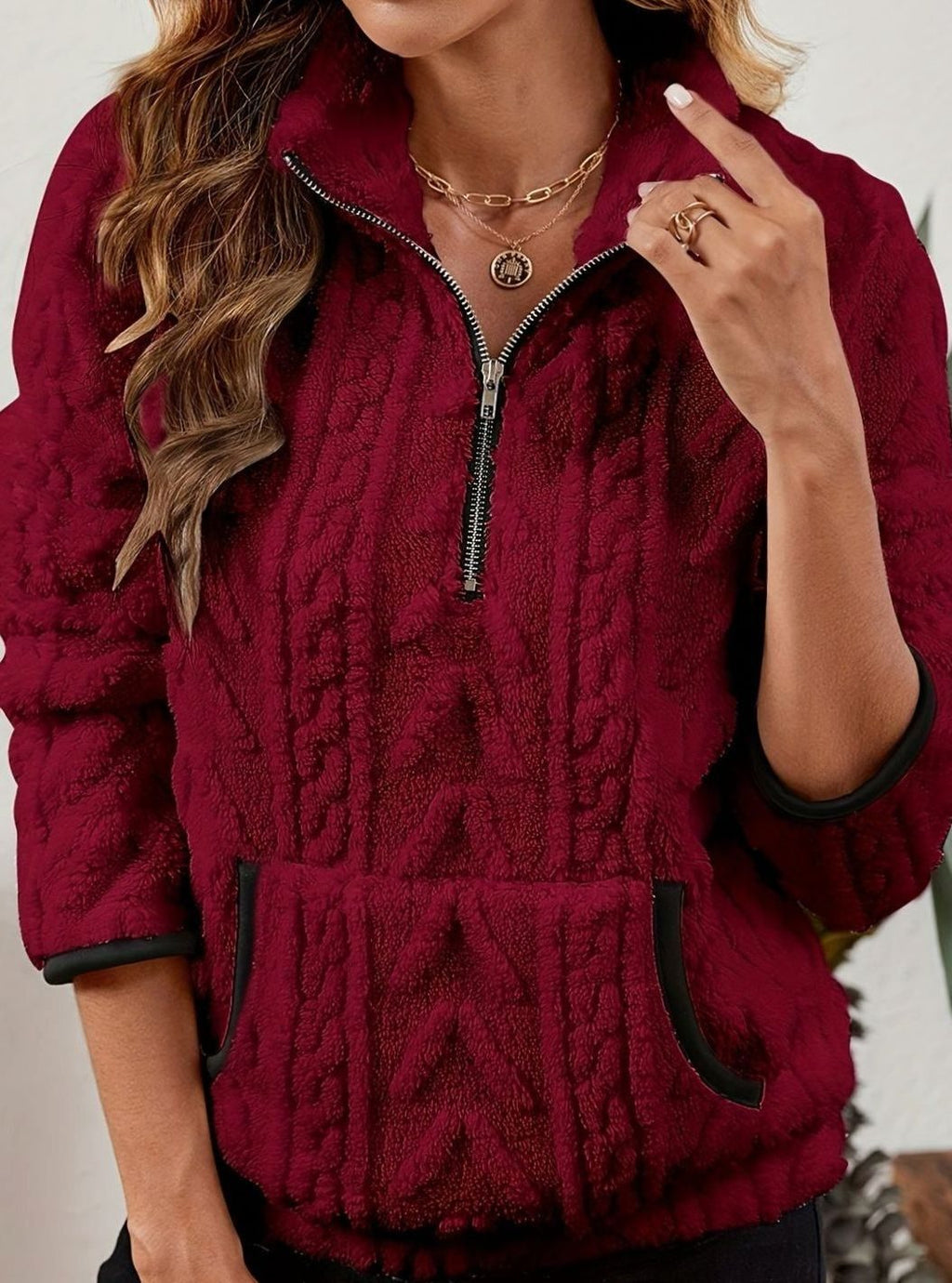 Madison | Pull en polaire pour femmes avec demi-fermeture éclair et poche kangourou