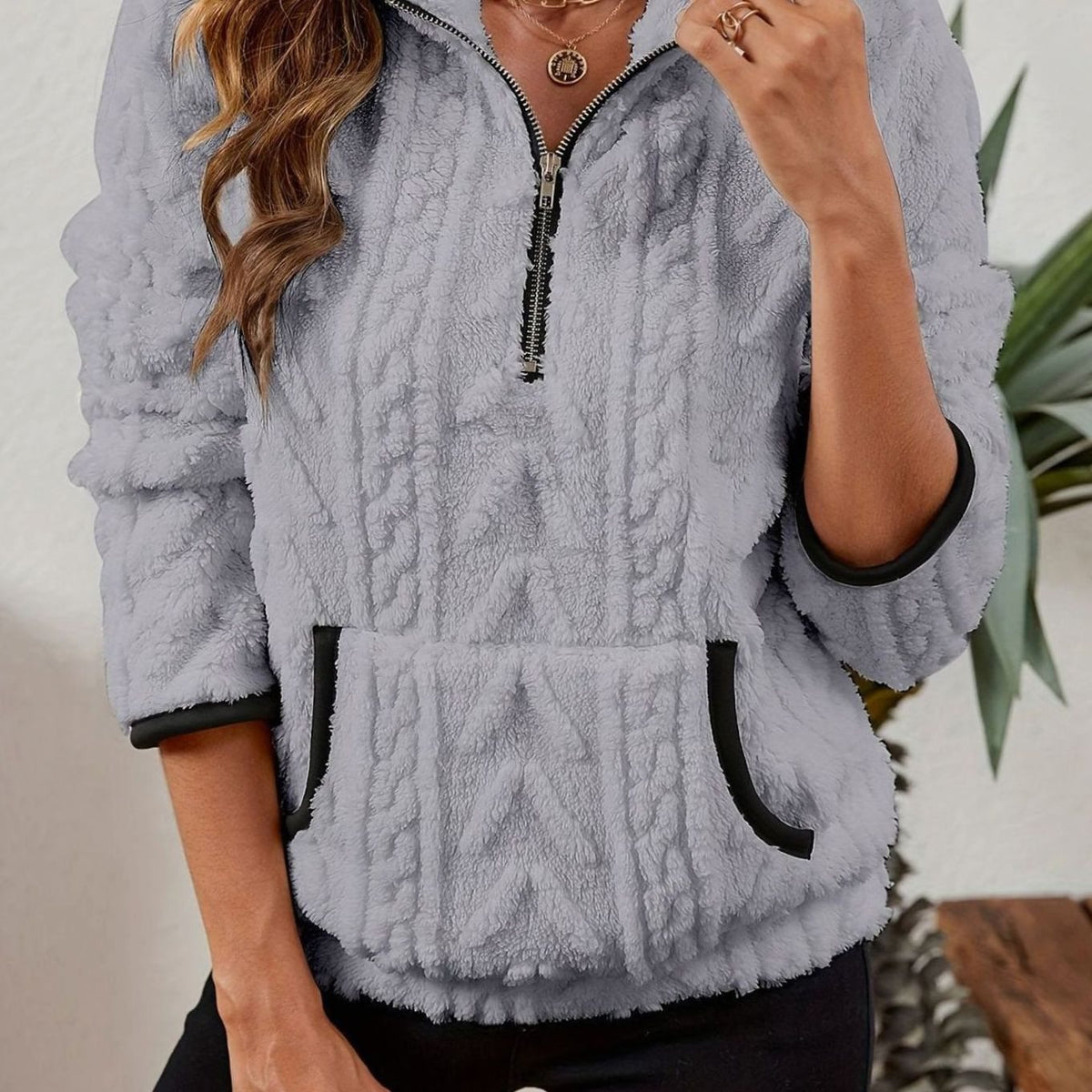 Madison | Pull en polaire pour femmes avec demi-fermeture éclair et poche kangourou