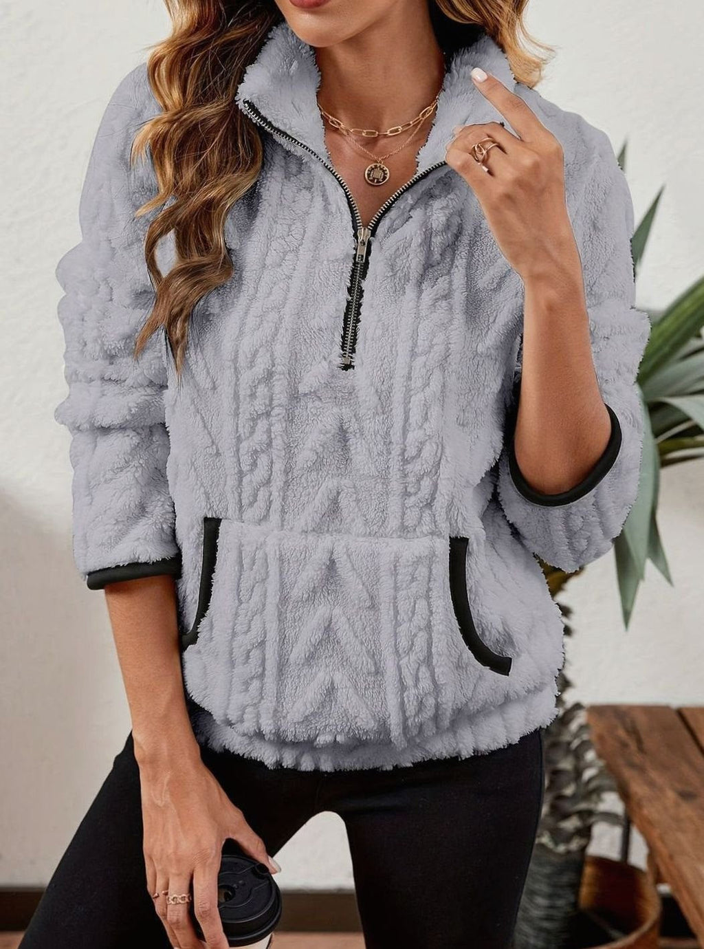 Madison | Pull en polaire pour femmes avec demi-fermeture éclair et poche kangourou