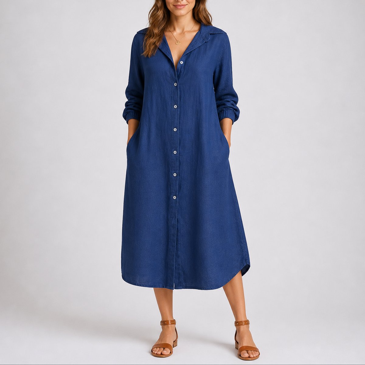 Emma | Robe d'invitée de mariage d'automne pour femmes, midi à manches longues avec boutons sur le devant