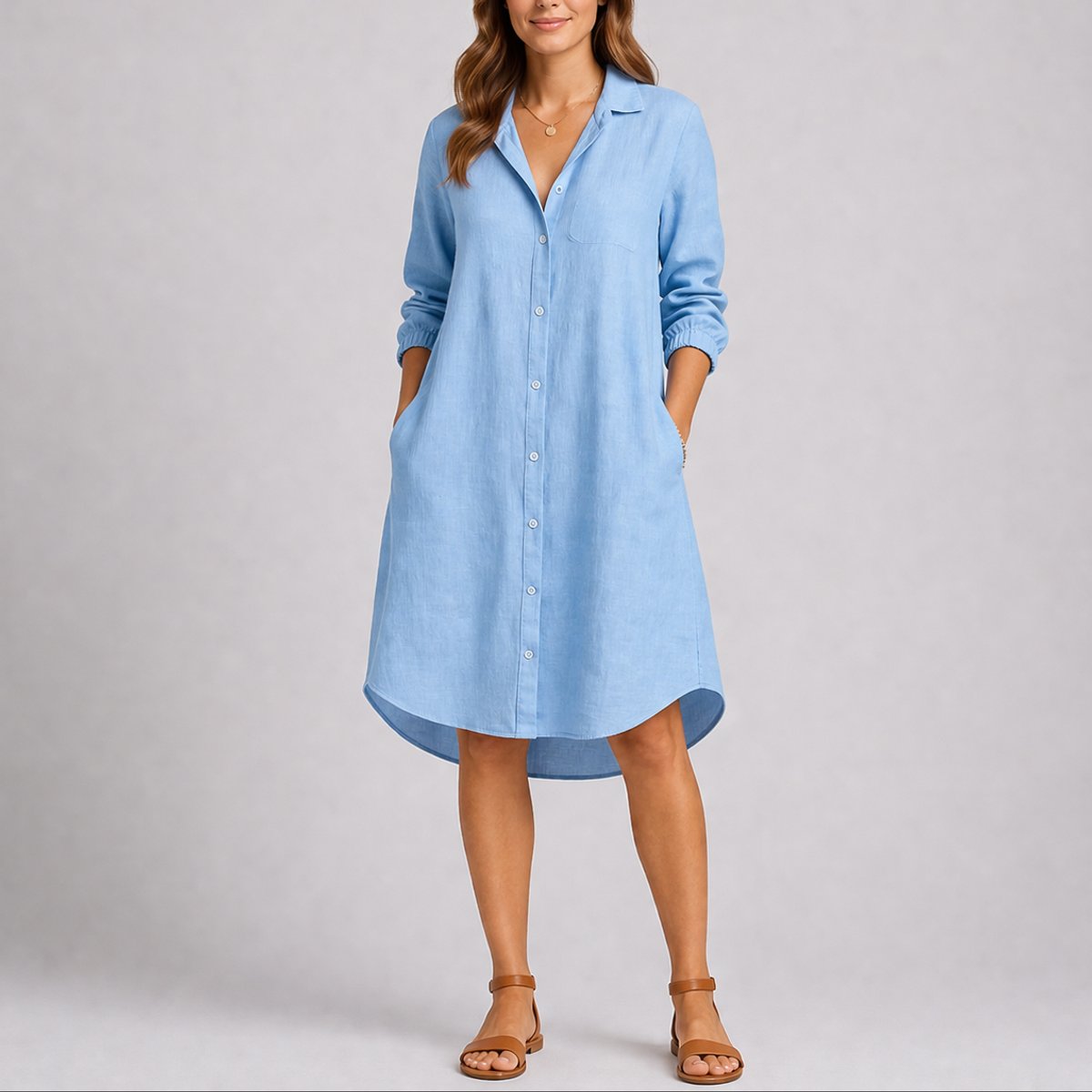 Emma | Robe d'invitée de mariage d'automne pour femmes, midi à manches longues avec boutons sur le devant
