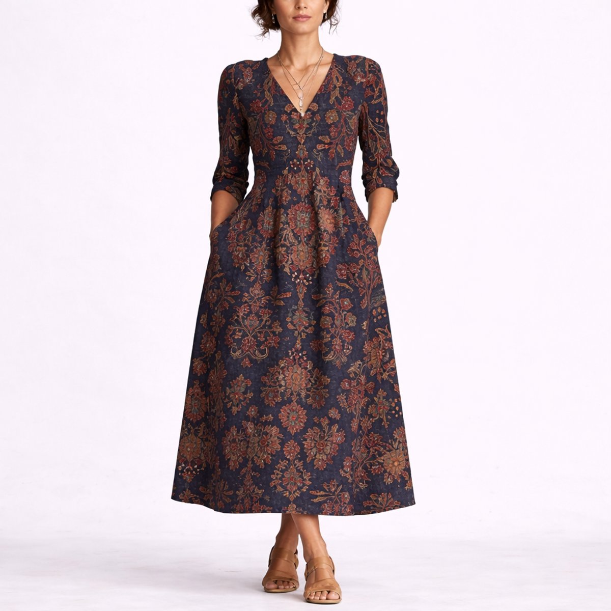 Charlotte | Robes Maxi en Lin Floral pour Femmes Invitées de Mariage d'Automne Décolleté en V