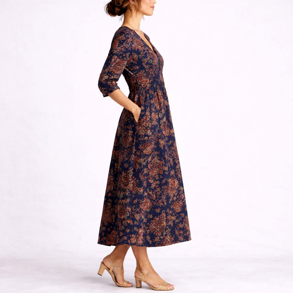 Charlotte | Robes Maxi en Lin Floral pour Femmes Invitées de Mariage d'Automne Décolleté en V