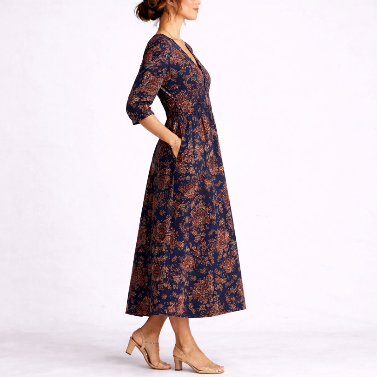 Charlotte | Robes Maxi en Lin Floral pour Femmes Invitées de Mariage d'Automne Décolleté en V