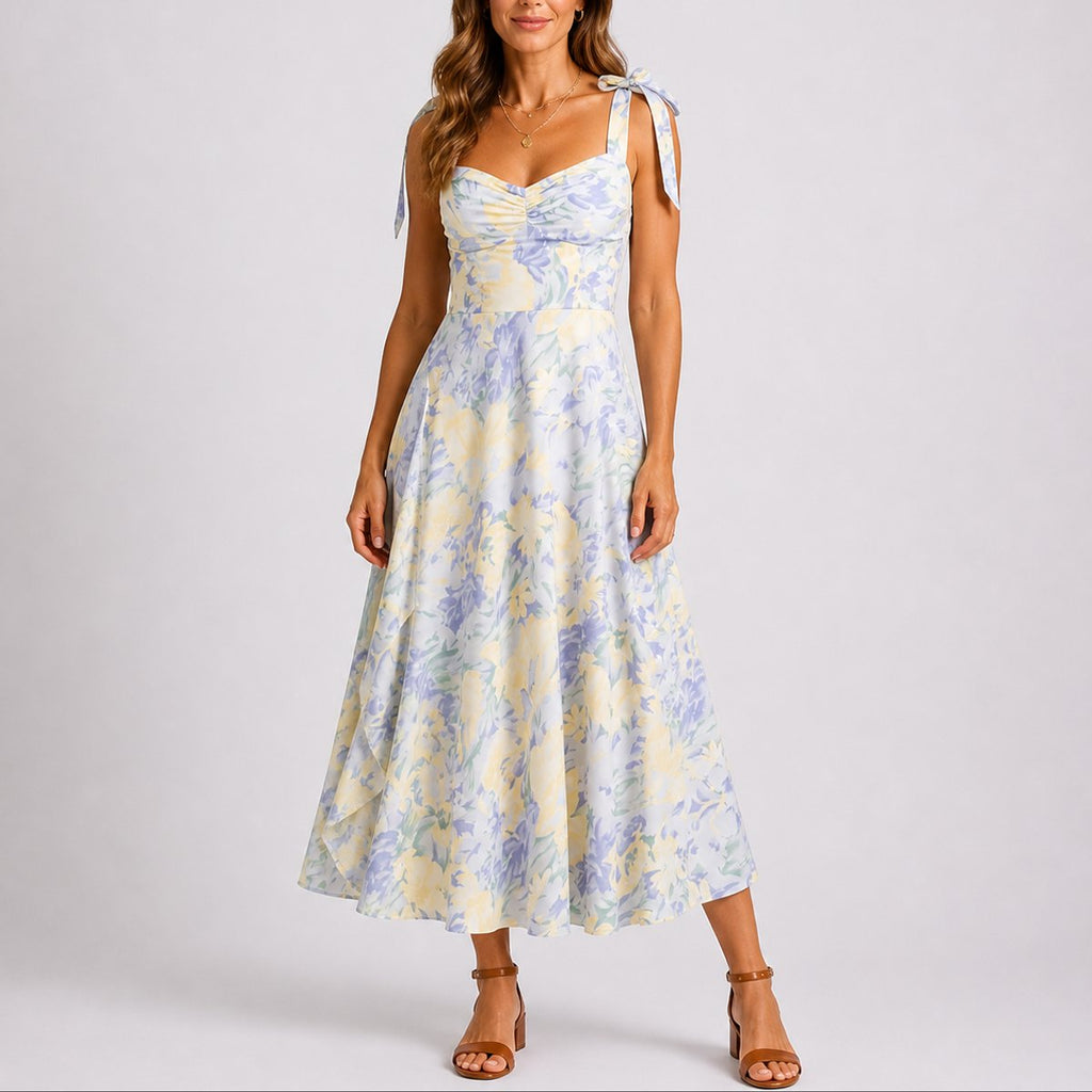 Mia | Robes de Mariage d'Automne pour Femmes, Robe Midi à Fleurs avec Épaules Tressées