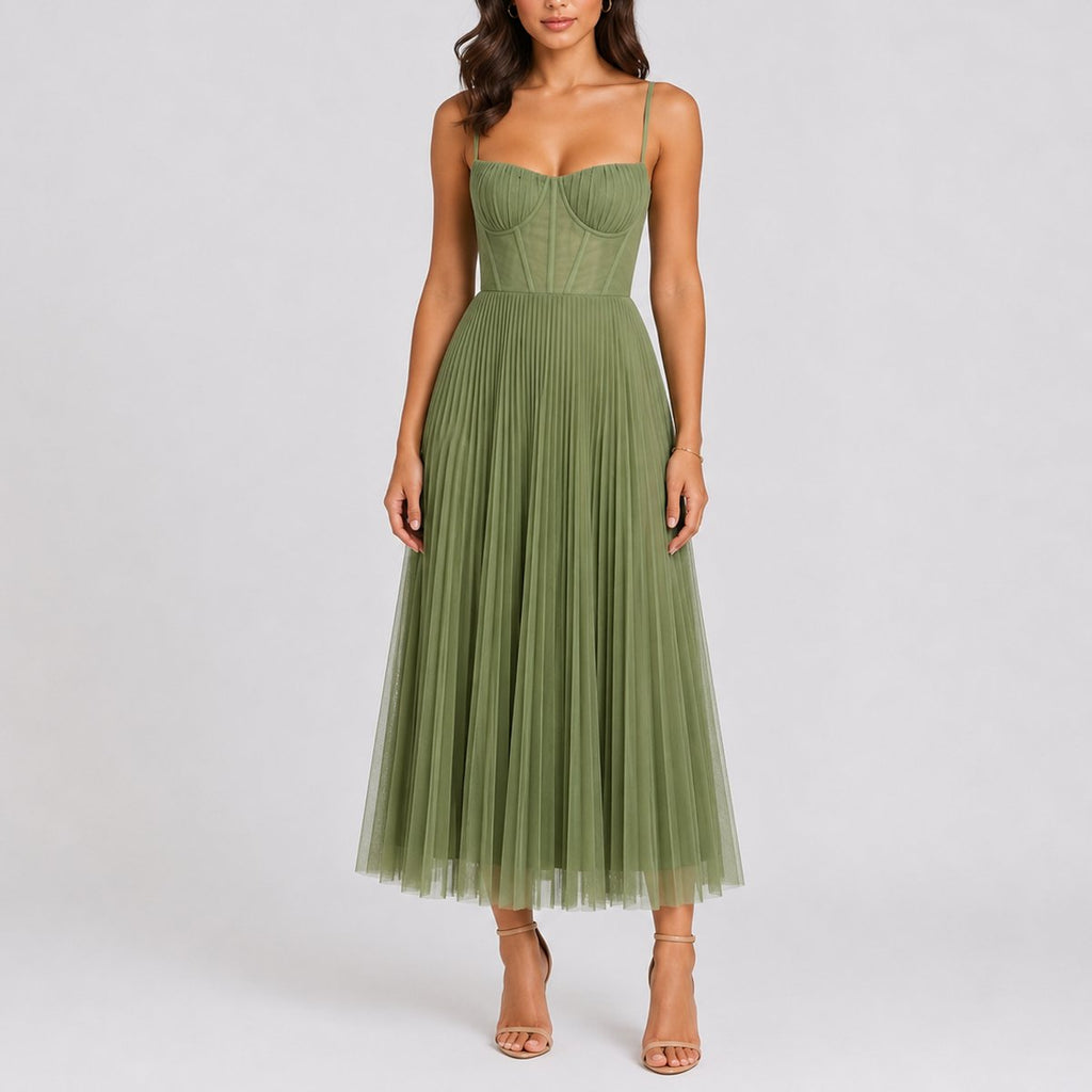 Pénélope | Robe Midi Plissée en Tulle pour Femme Invitées de Mariage d'Automne Corps de Bustier