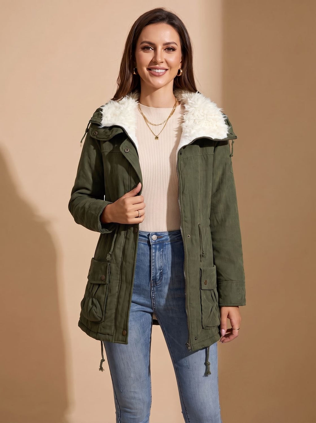 Mia | Manteau parka d'hiver à taille ajustable et col en fausse fourrure pour femmes