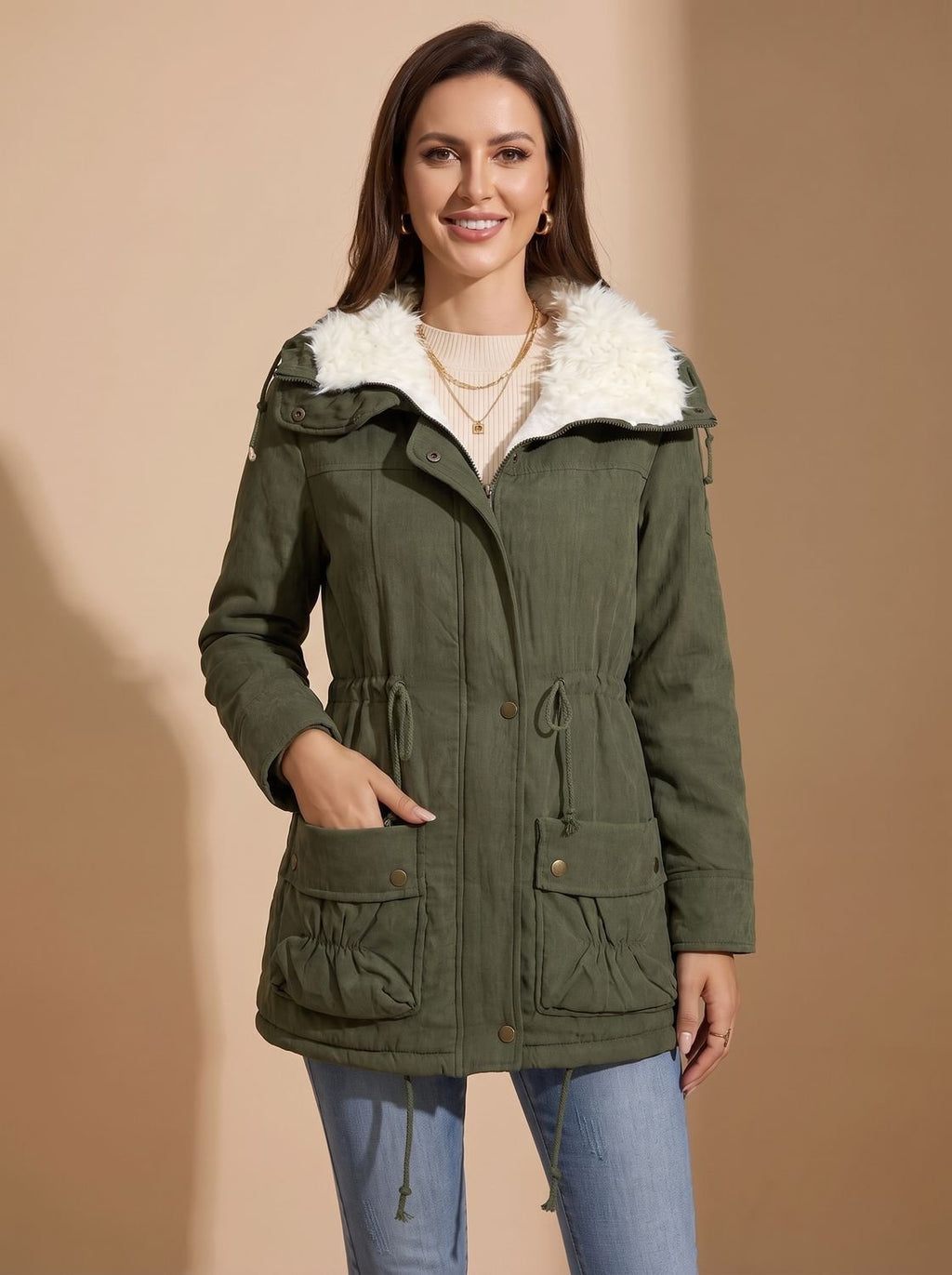 Mia | Manteau parka d'hiver à taille ajustable et col en fausse fourrure pour femmes