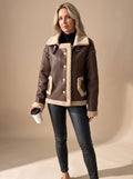 Victoria | Veste aviateur en simili cuir pour femmes, doublée en sherpa, à boutons