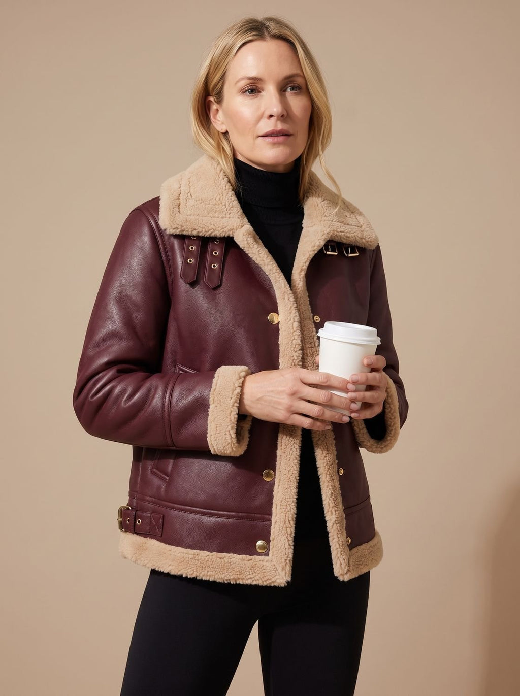 Victoria | Veste aviateur en simili cuir pour femmes, doublée en sherpa, à boutons