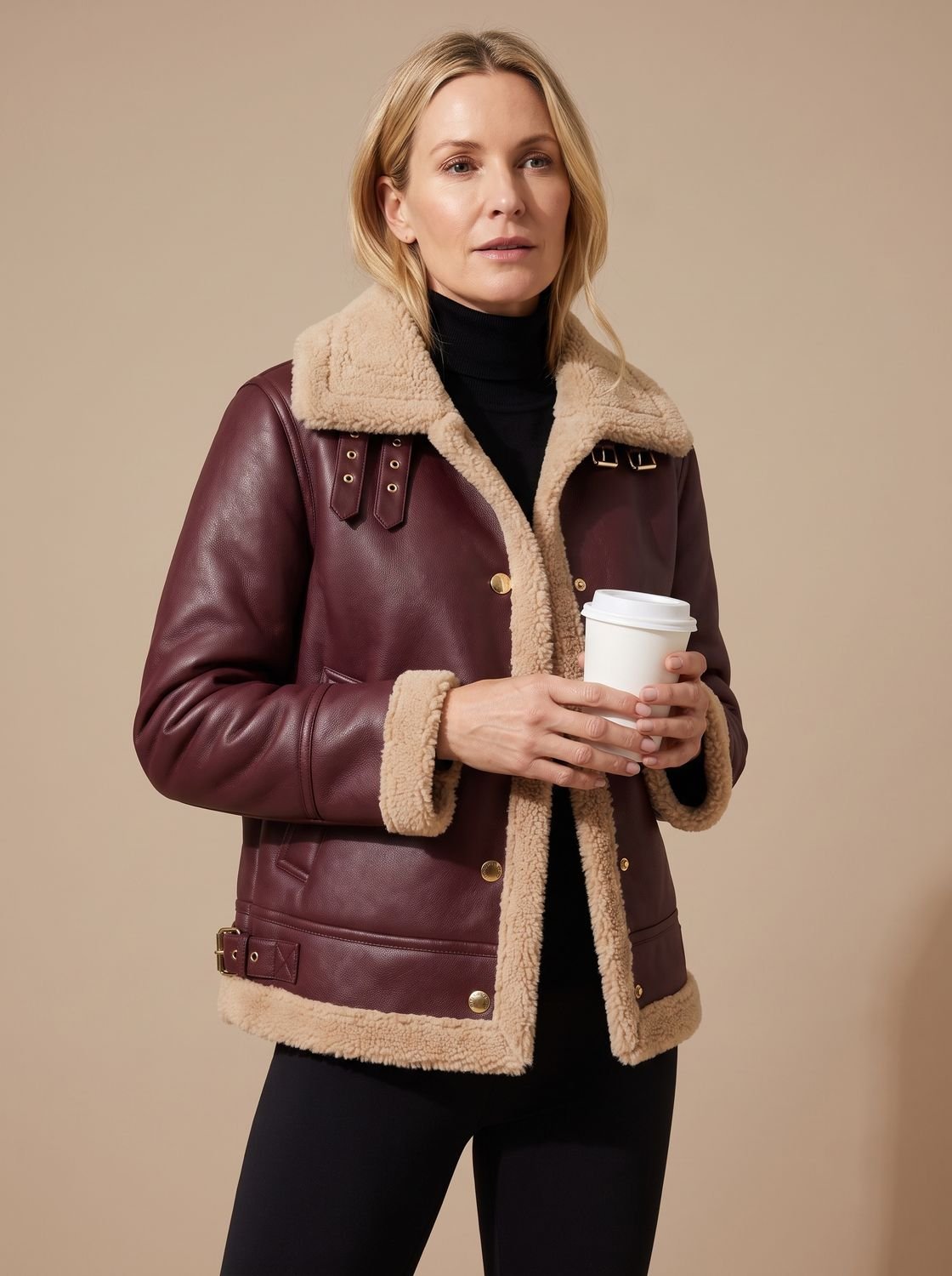 Victoria | Veste aviateur en simili cuir pour femmes, doublée en sherpa, à boutons