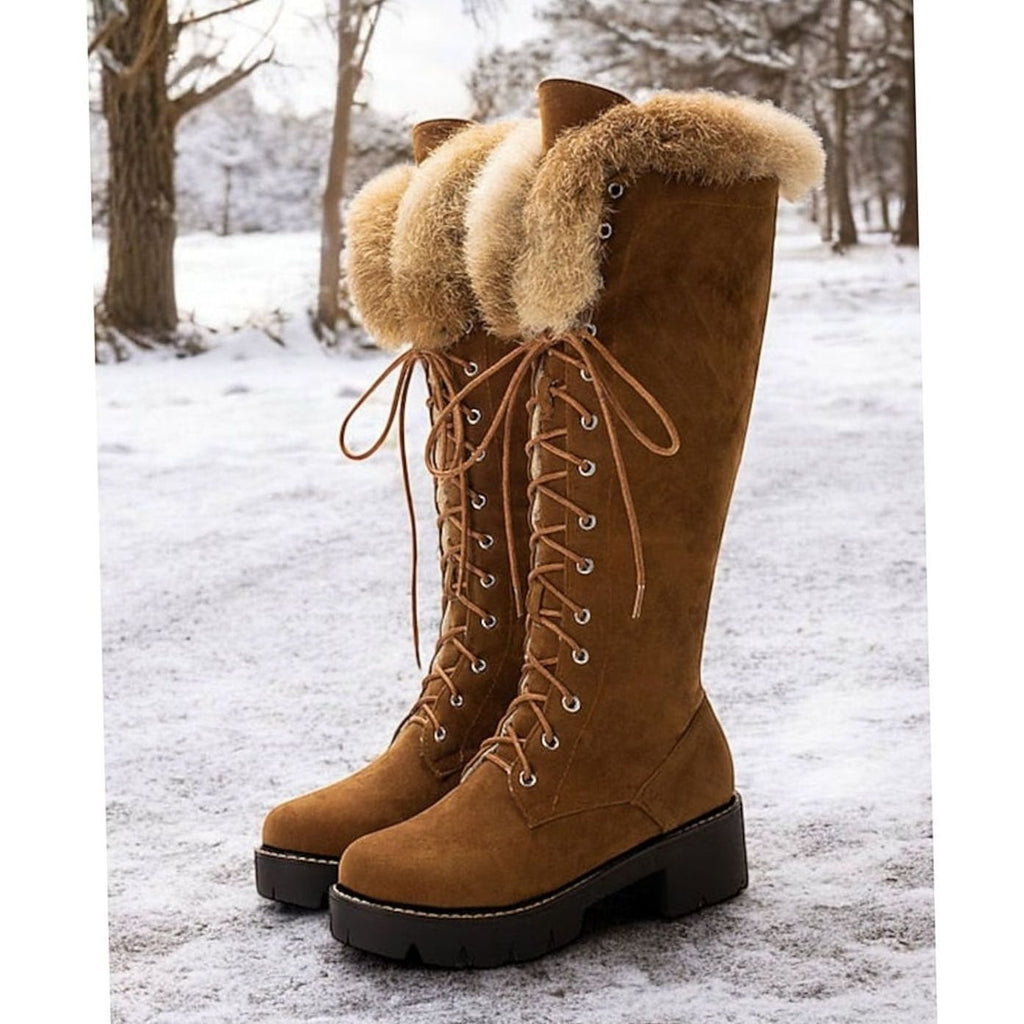 Emma | Bottes d'hiver en fausse suède à lacets avec bord en peluche, hauteur genou