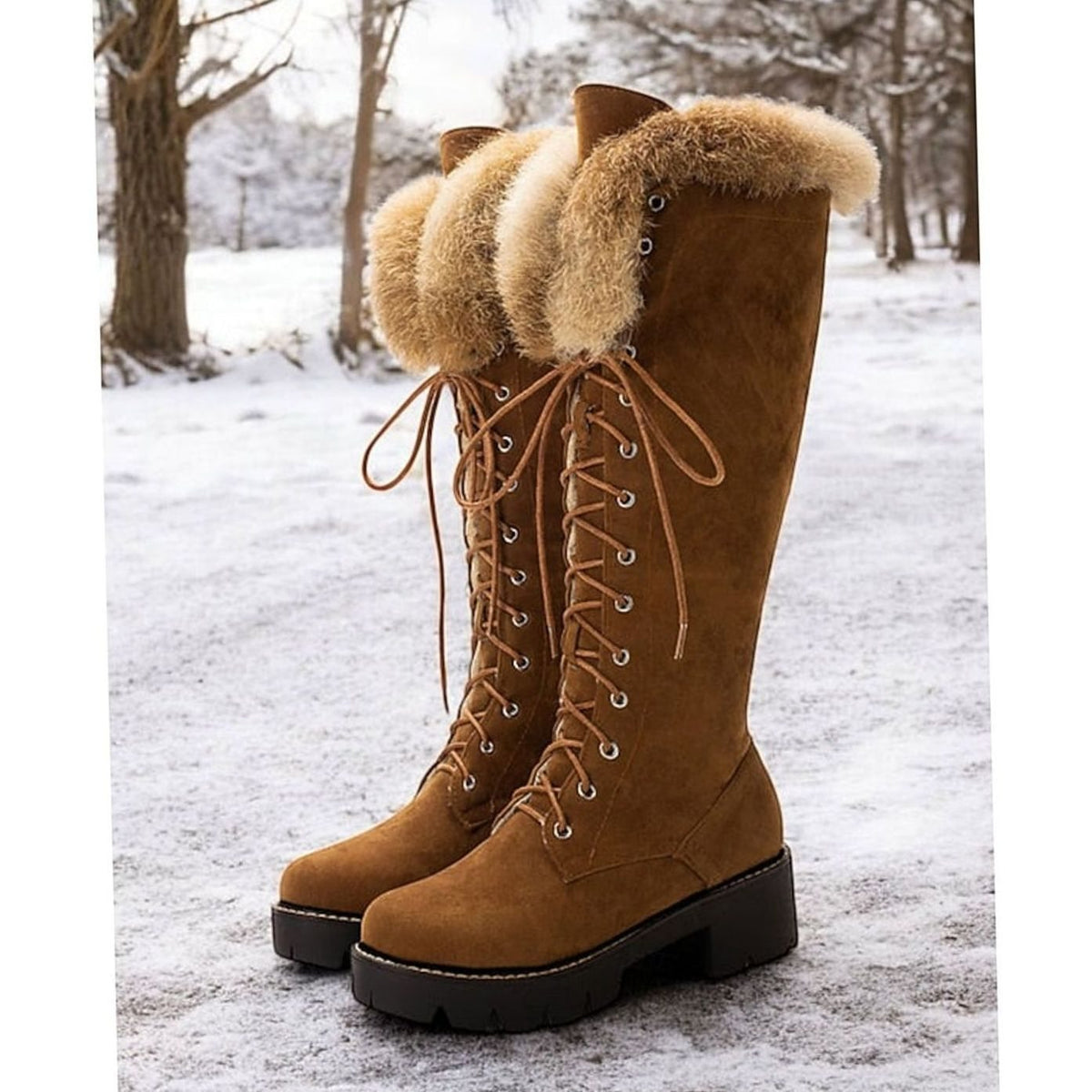 Emma | Bottes d'hiver en fausse suède à lacets avec bord en peluche, hauteur genou