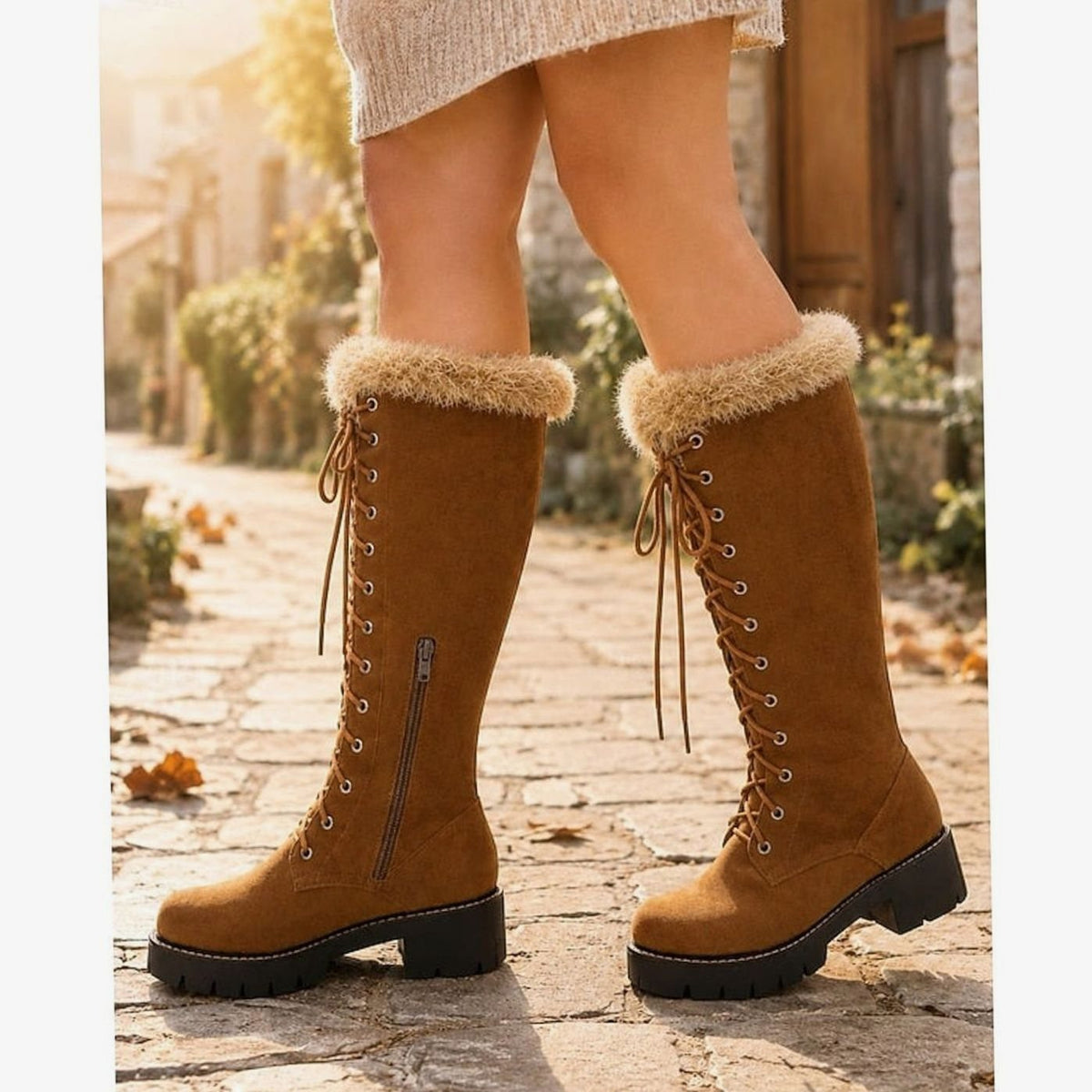 Emma | Bottes d'hiver en fausse suède à lacets avec bord en peluche, hauteur genou