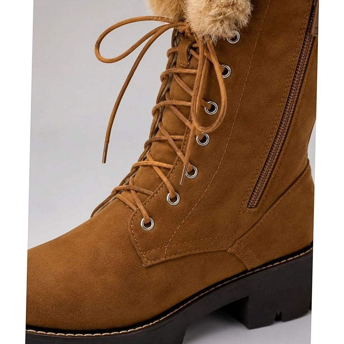 Emma | Bottes d'hiver en fausse suède à lacets avec bord en peluche, hauteur genou