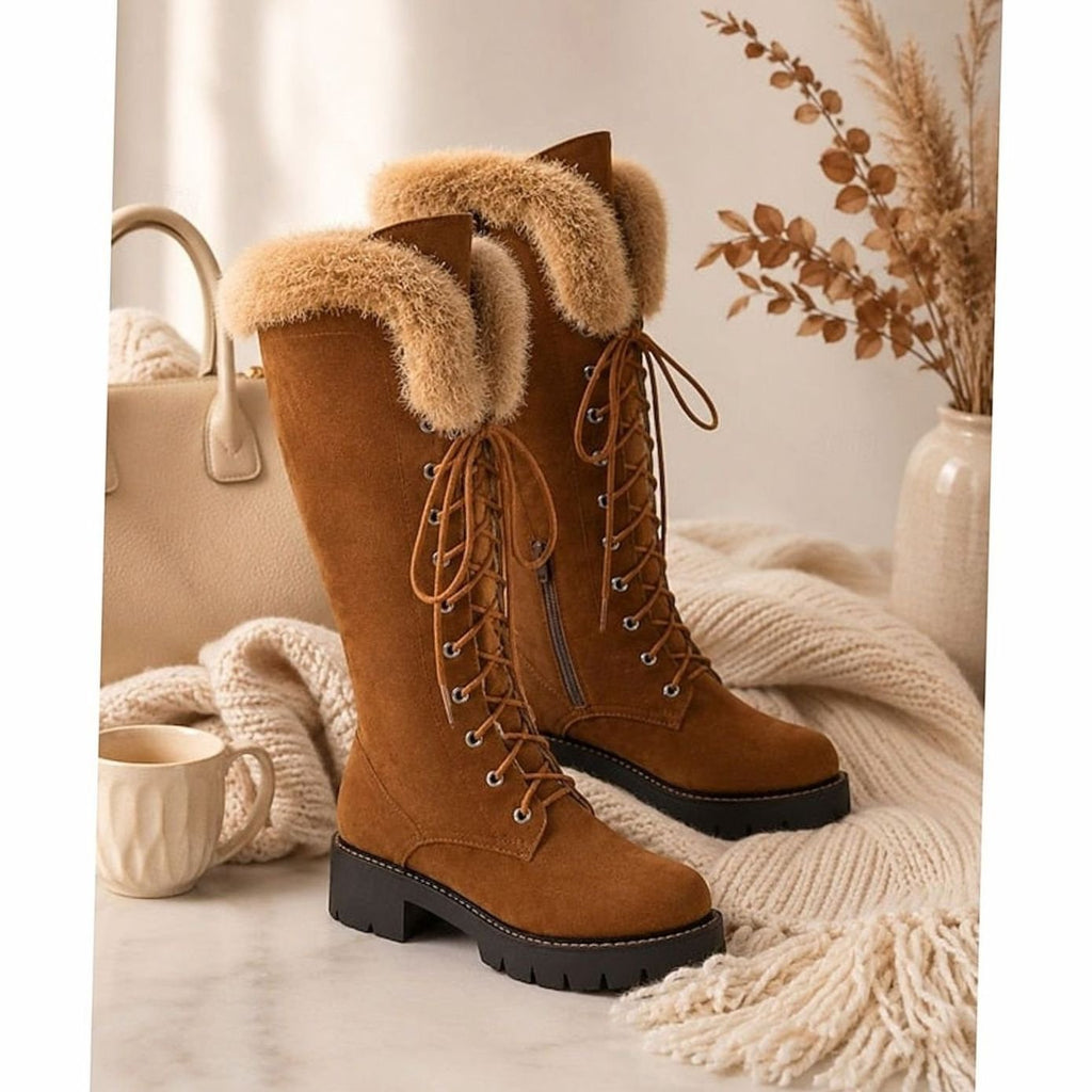 Emma | Bottes d'hiver en fausse suède à lacets avec bord en peluche, hauteur genou