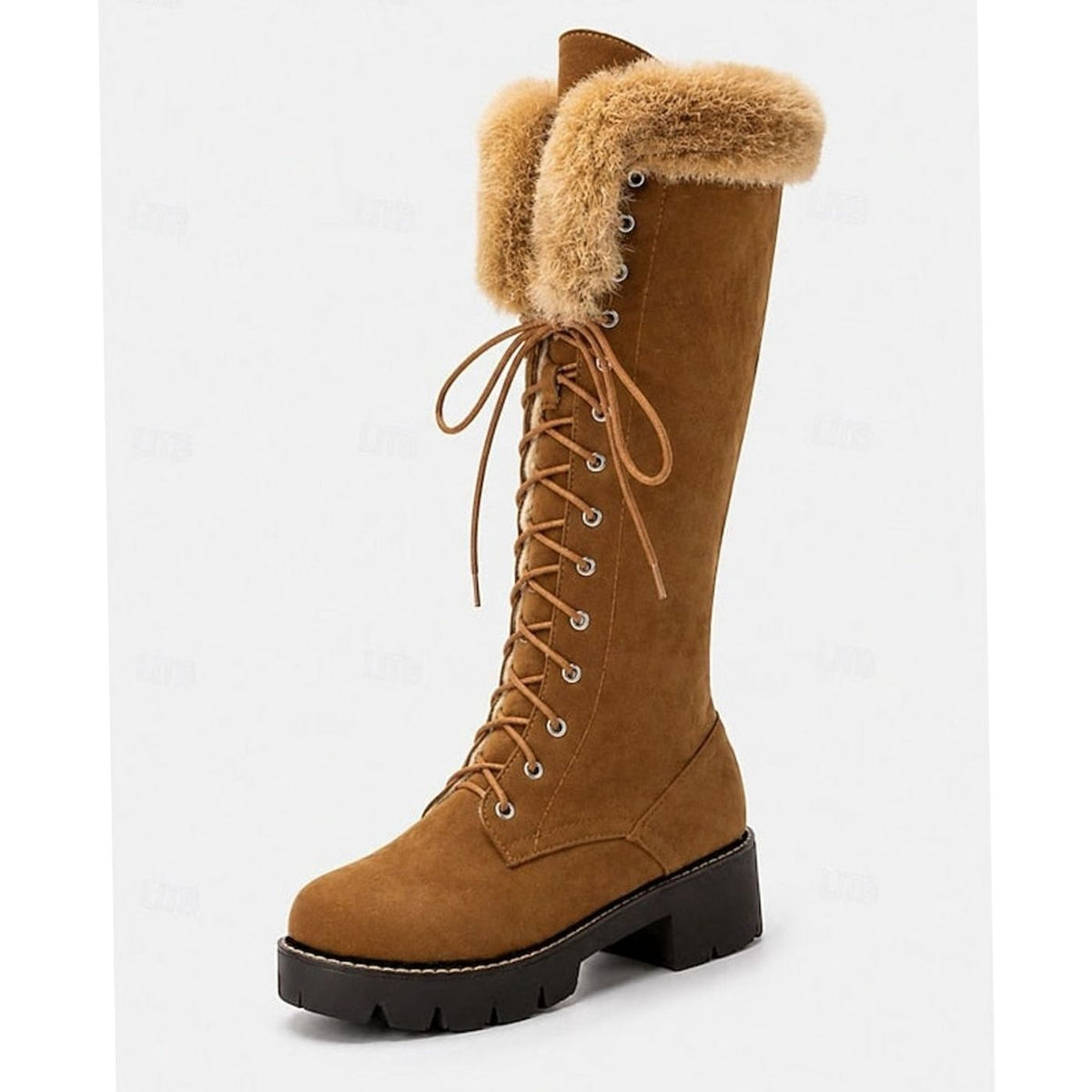 Emma | Bottes d'hiver en fausse suède à lacets avec bord en peluche, hauteur genou
