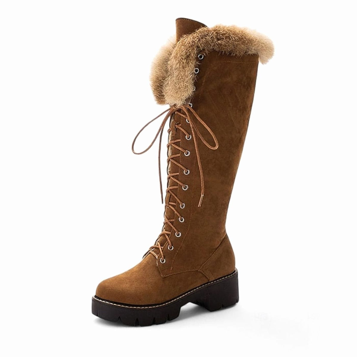 Emma | Bottes d'hiver en fausse suède à lacets avec bord en peluche, hauteur genou