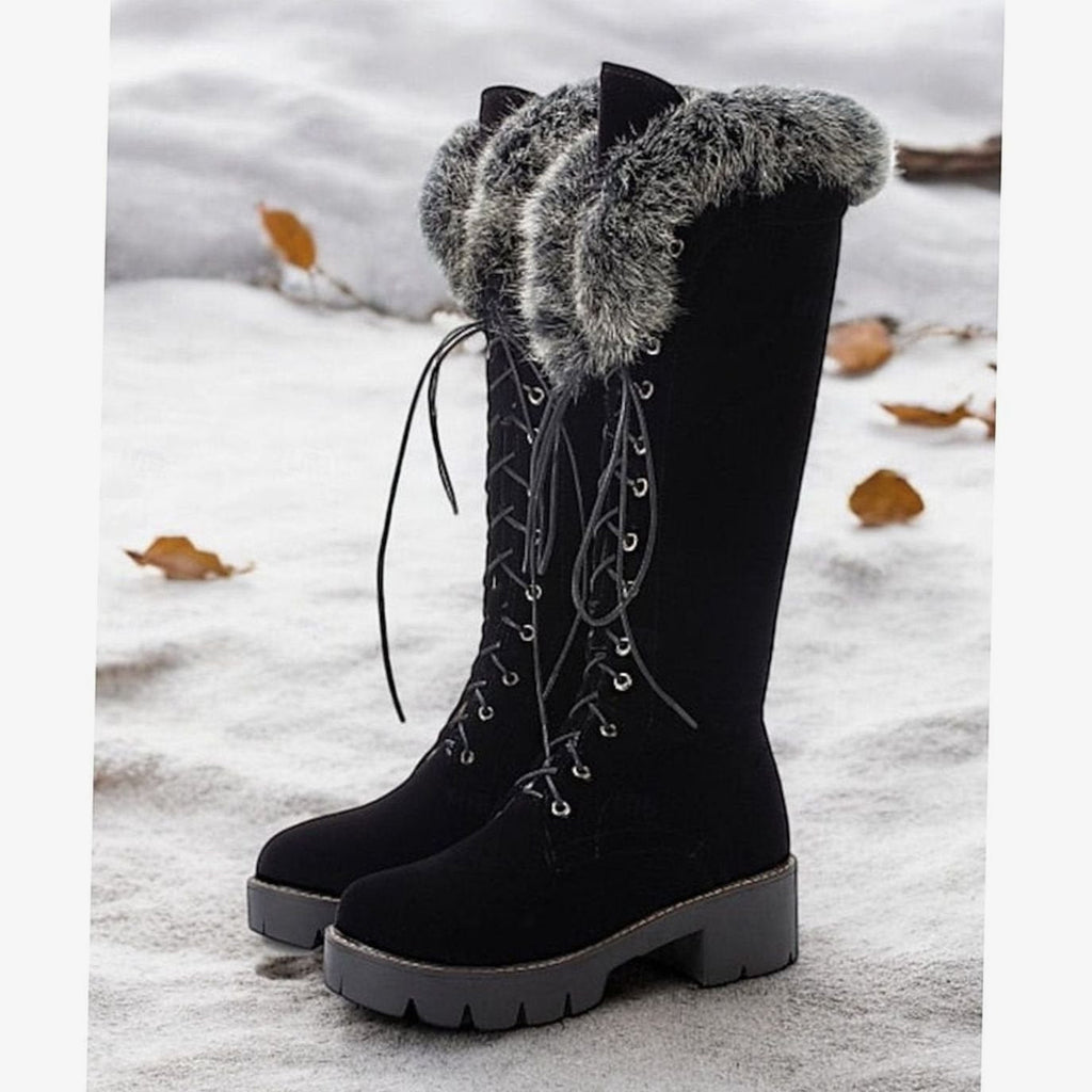 Emma | Bottes d'hiver en fausse suède à lacets avec bord en peluche, hauteur genou