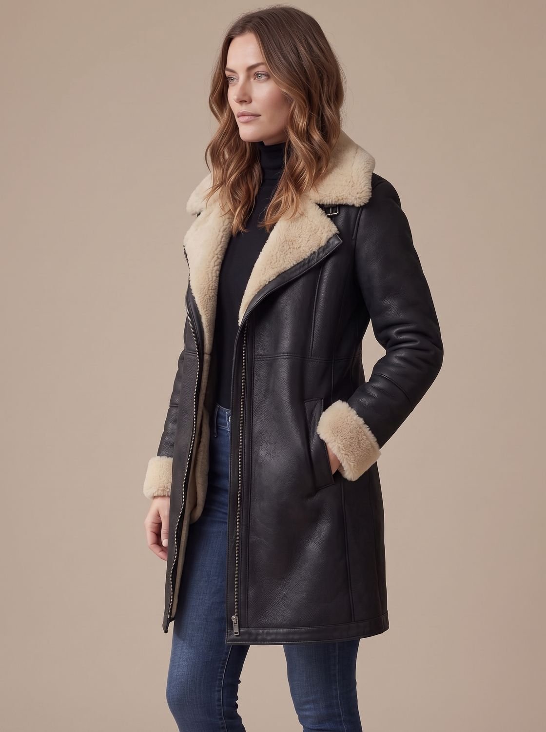 Grace | Manteau zippé en faux suède pour femmes avec col en fourrure