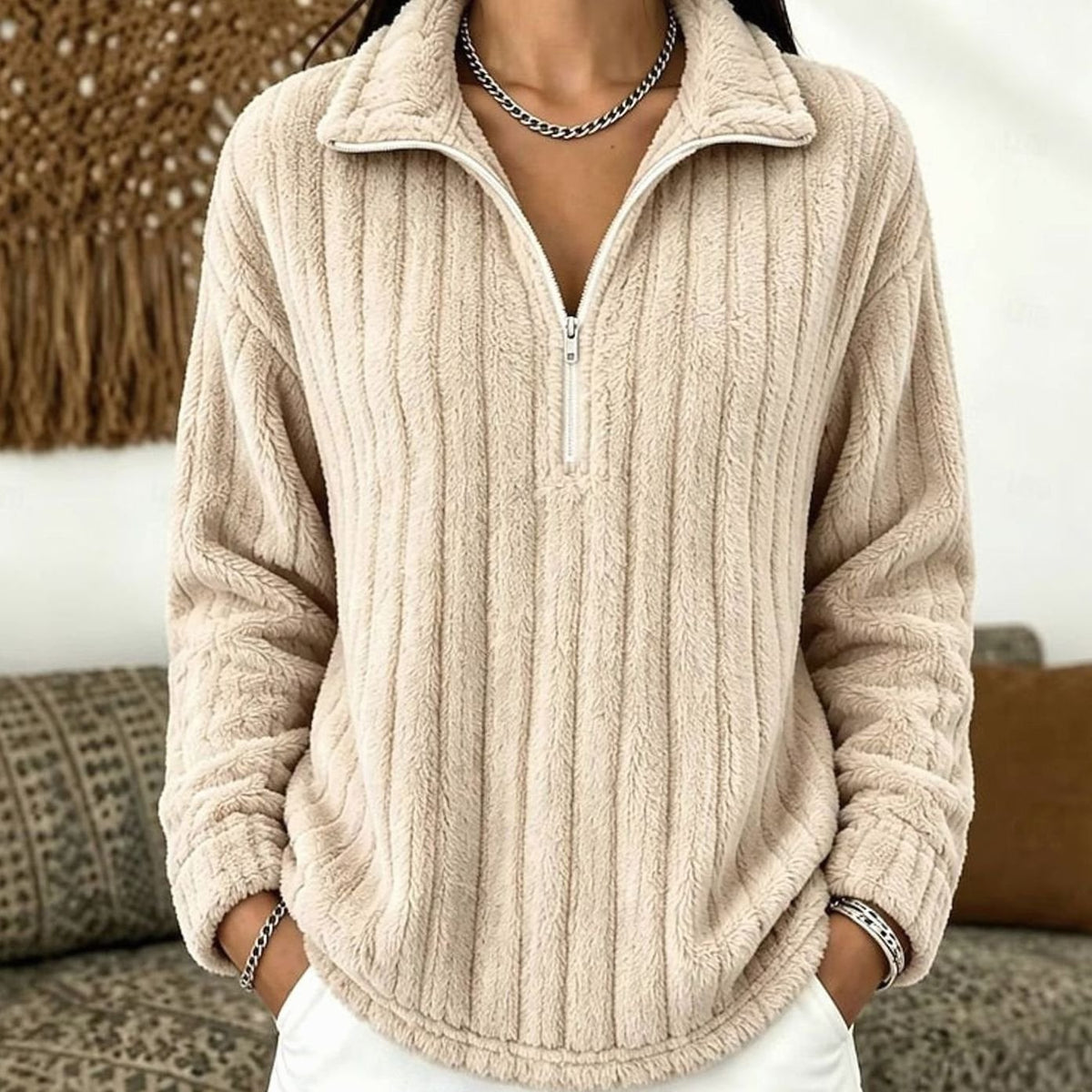 Evelyn | Pull en polaire pour femmes à col zippé quart, top en velours côtelé
