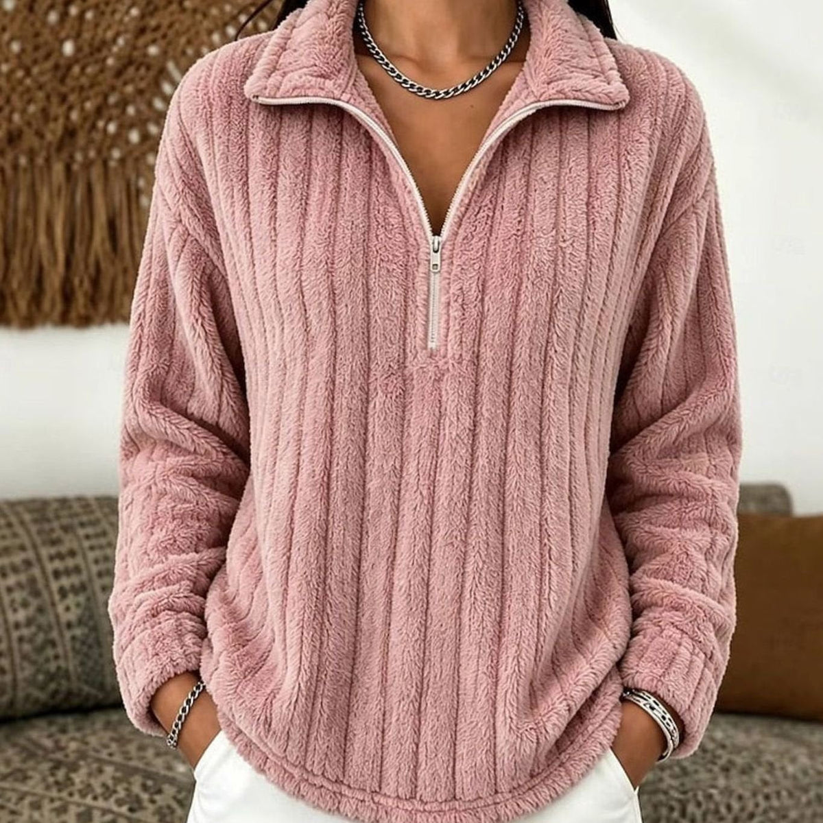 Evelyn | Pull en polaire pour femmes à col zippé quart, top en velours côtelé