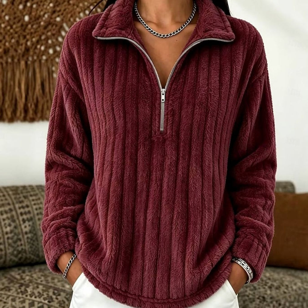 Evelyn | Pull en polaire pour femmes à col zippé quart, top en velours côtelé