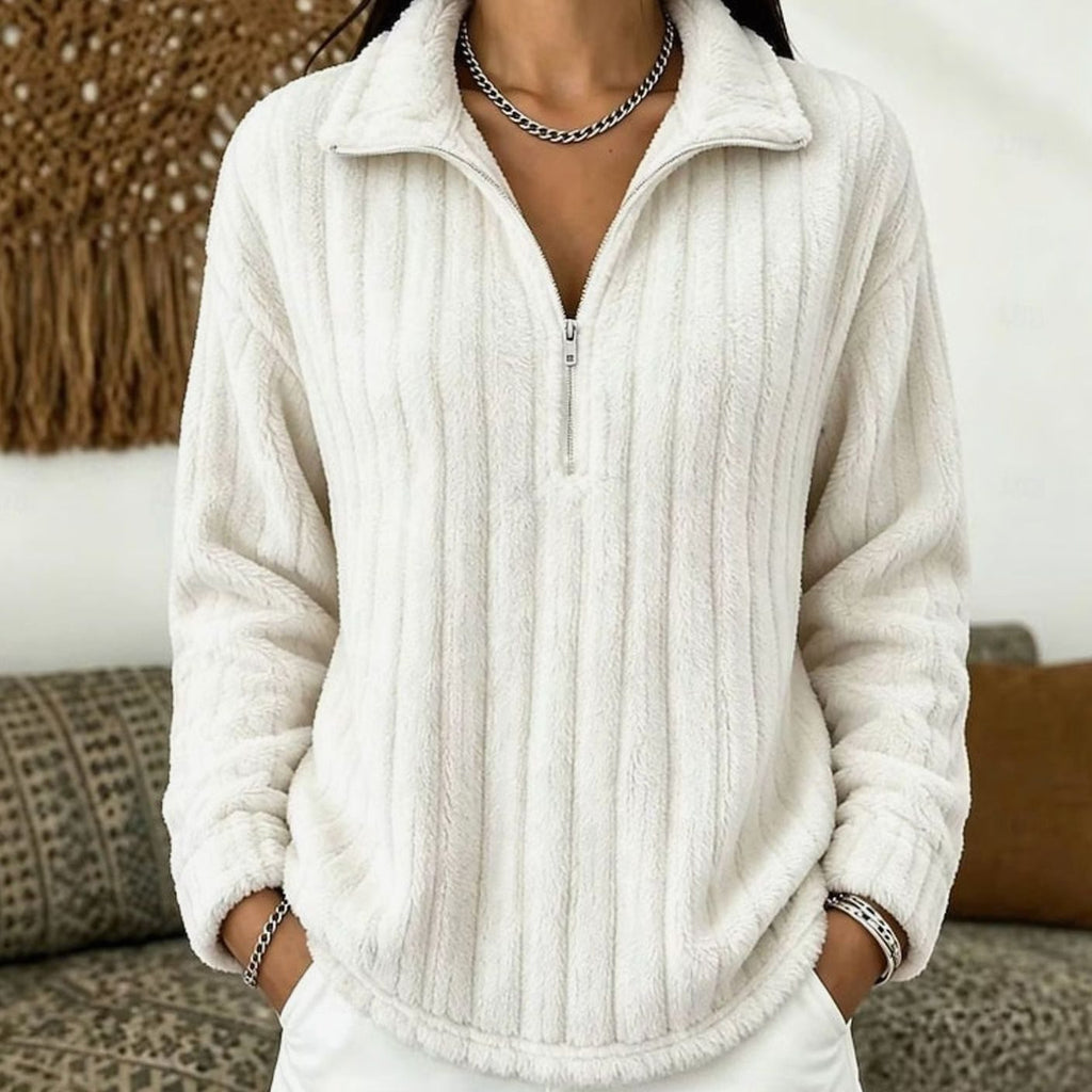 Evelyn | Pull en polaire pour femmes à col zippé quart, top en velours côtelé