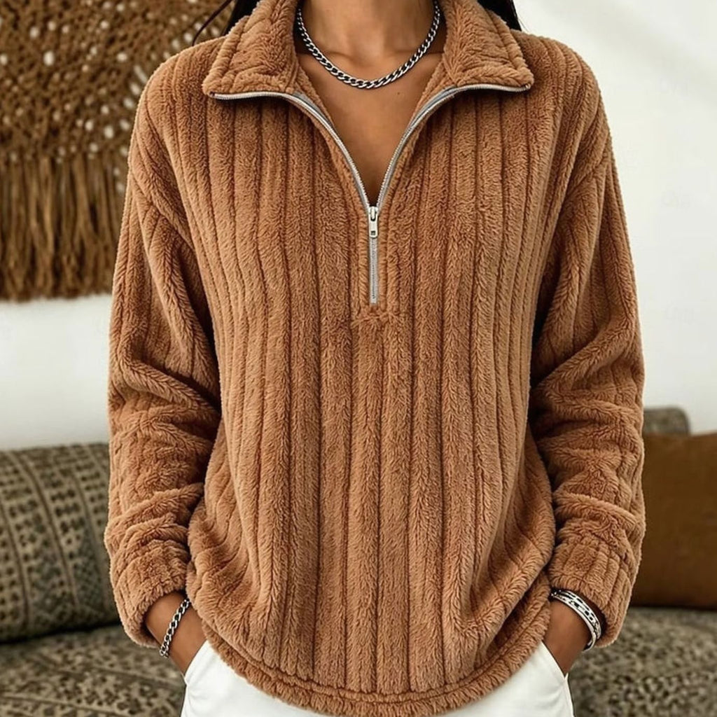 Evelyn | Pull en polaire pour femmes à col zippé quart, top en velours côtelé