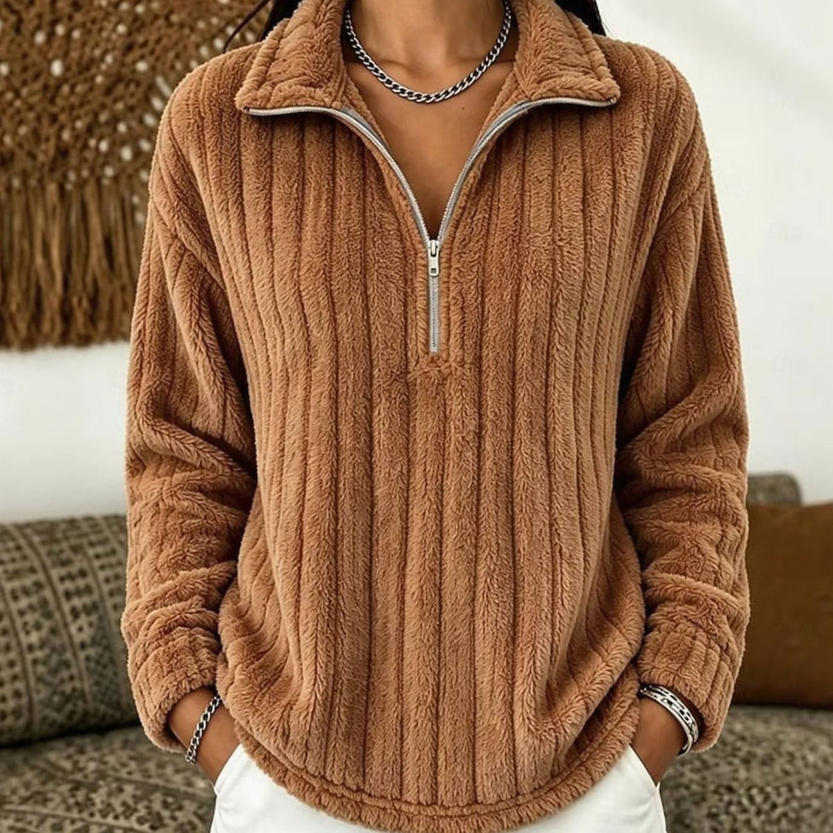 Evelyn | Pull en polaire pour femmes à col zippé quart, top en velours côtelé