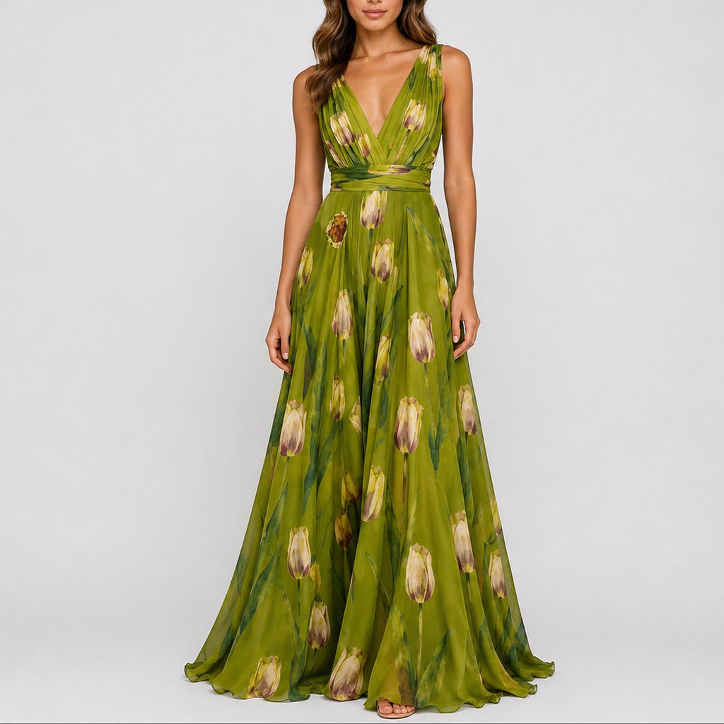 Isabella | Robe Maxi Chiffon Fleurie à Décolleté en V pour Femme - Invité de Mariage Automne