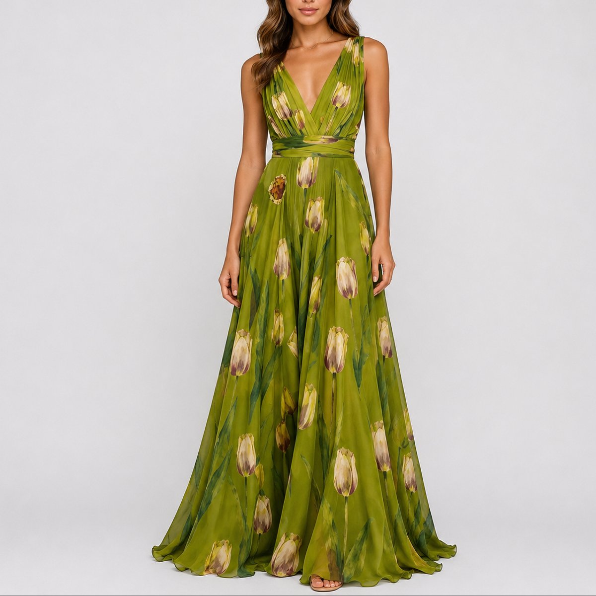 Isabella | Robe Maxi Chiffon Fleurie à Décolleté en V pour Femme - Invité de Mariage Automne
