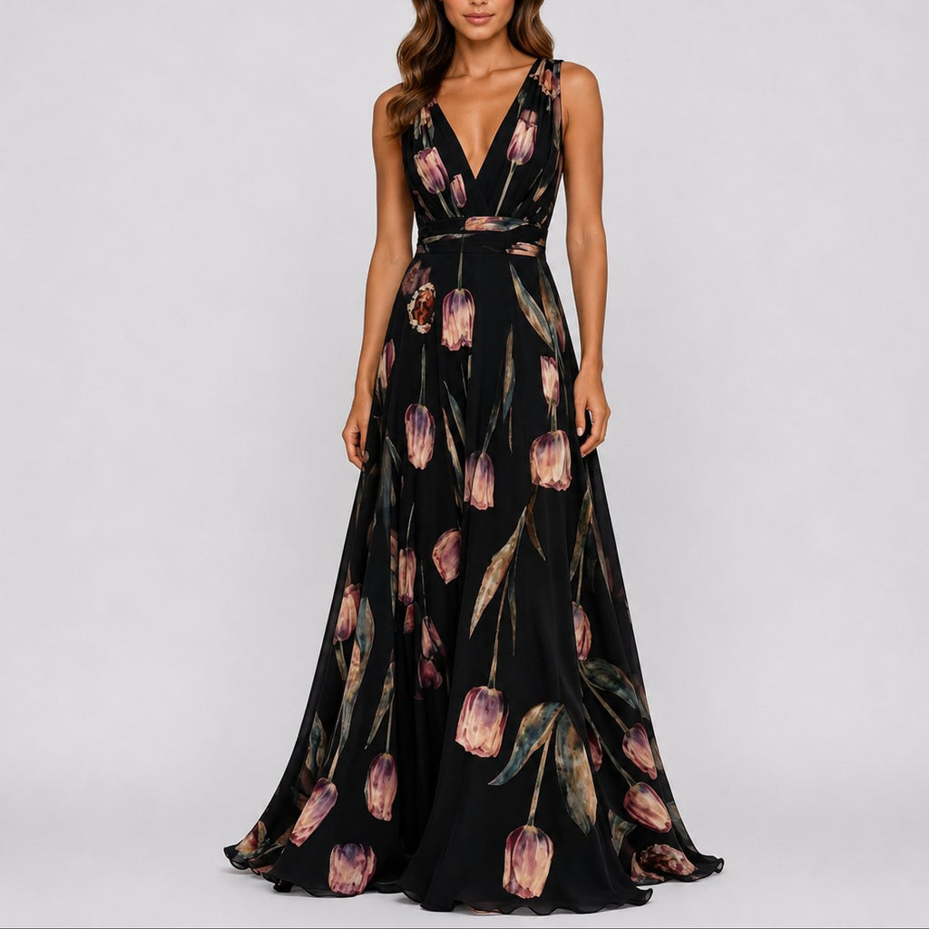Isabella | Robe Maxi Chiffon Fleurie à Décolleté en V pour Femme - Invité de Mariage Automne