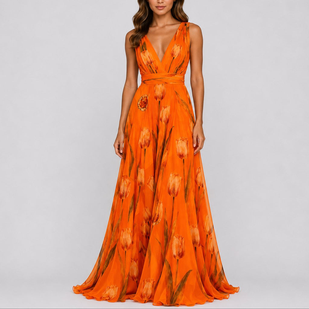 Isabella | Robe Maxi Chiffon Fleurie à Décolleté en V pour Femme - Invité de Mariage Automne