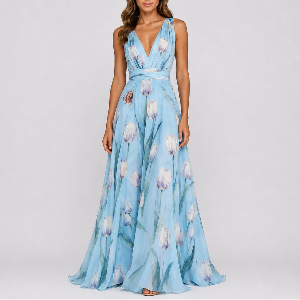 Isabella | Robe Maxi Chiffon Fleurie à Décolleté en V pour Femme - Invité de Mariage Automne