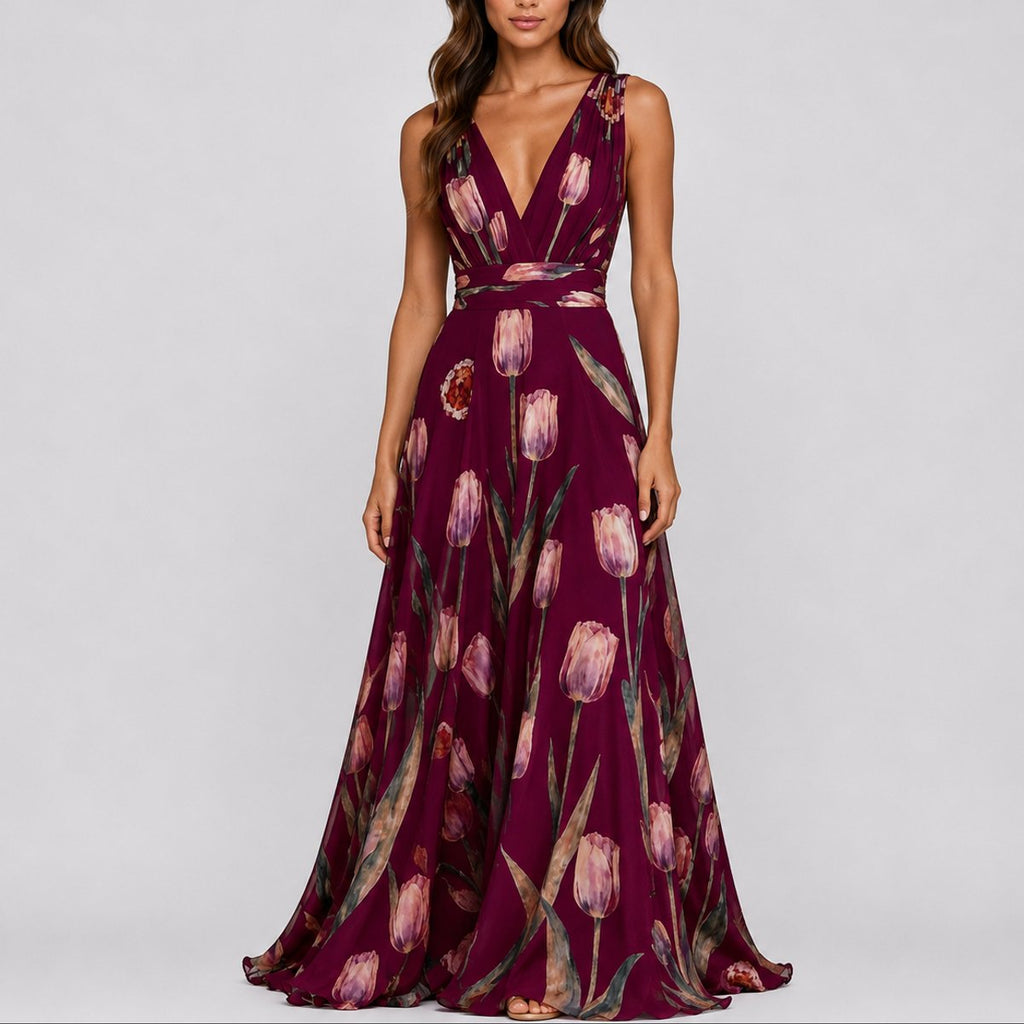 Isabella | Robe Maxi Chiffon Fleurie à Décolleté en V pour Femme - Invité de Mariage Automne