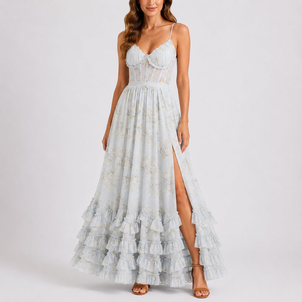 Madison | Robe Maxi Corset Florale pour Femme avec Volants pour Mariage d'Automne