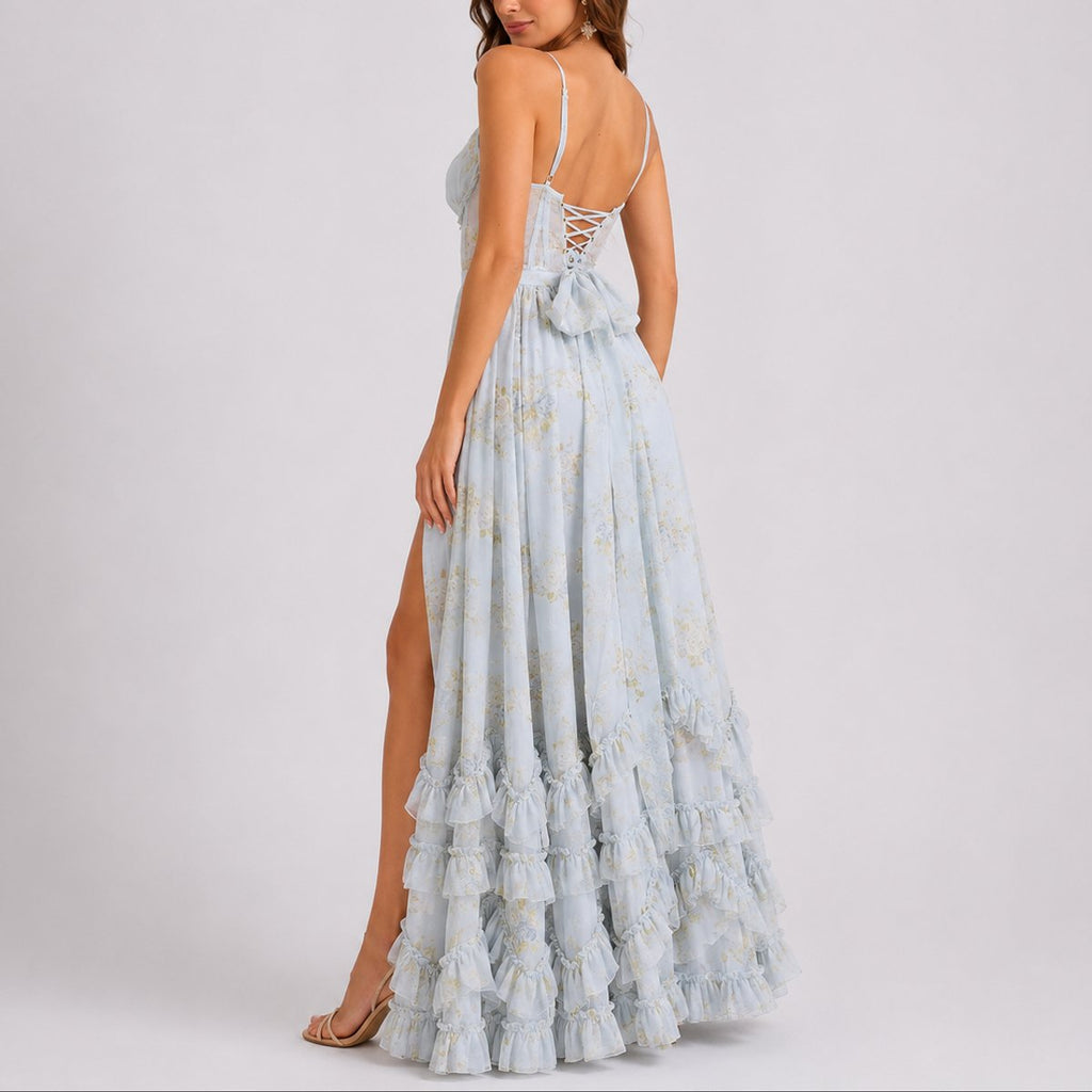 Madison | Robe Maxi Corset Florale pour Femme avec Volants pour Mariage d'Automne