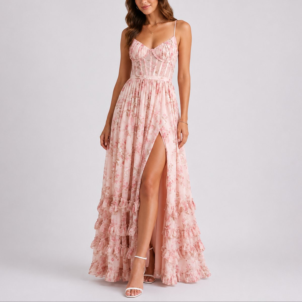 Madison | Robe Maxi Corset Florale pour Femme avec Volants pour Mariage d'Automne