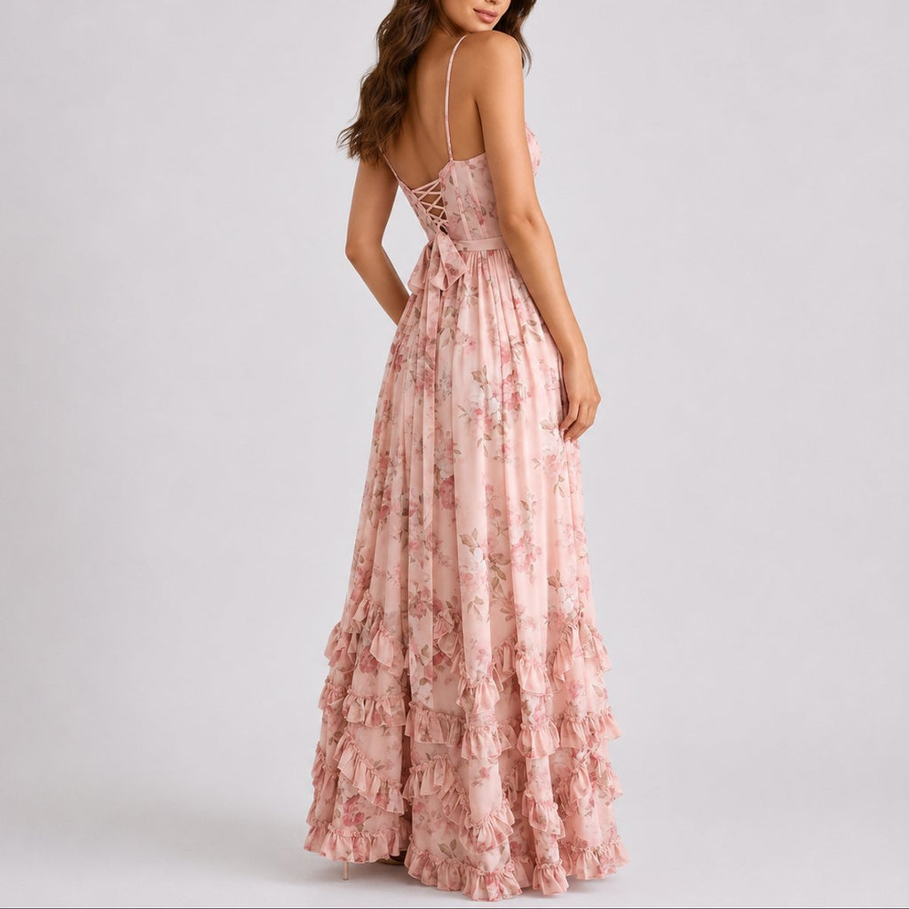 Madison | Robe Maxi Corset Florale pour Femme avec Volants pour Mariage d'Automne