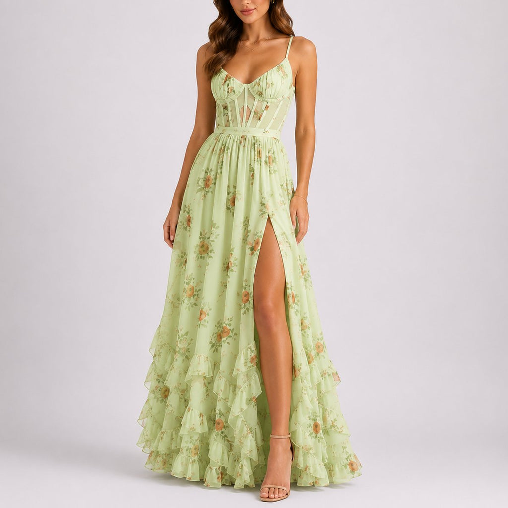 Madison | Robe Maxi Corset Florale pour Femme avec Volants pour Mariage d'Automne